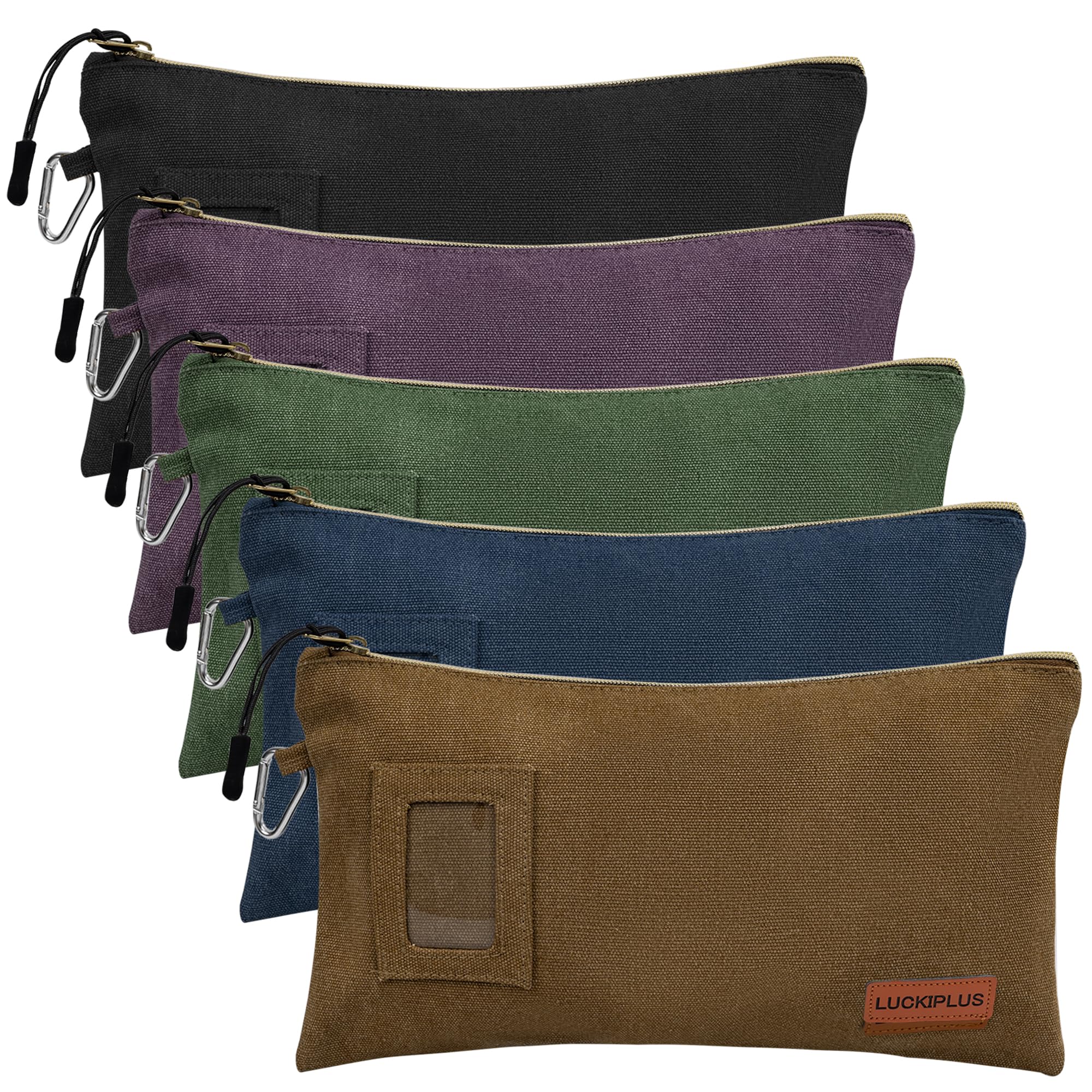 LUCKIPLUS 5 Pack Heavy Duty Canvas Tool Pouches with Zipper & Carabiner Clip - Multipurpose Mini Utility Pouch Set for Tools, Cosmetics, Fishing Gear & DIY Supplies - Perfect for Work, Travel & Home Organization
