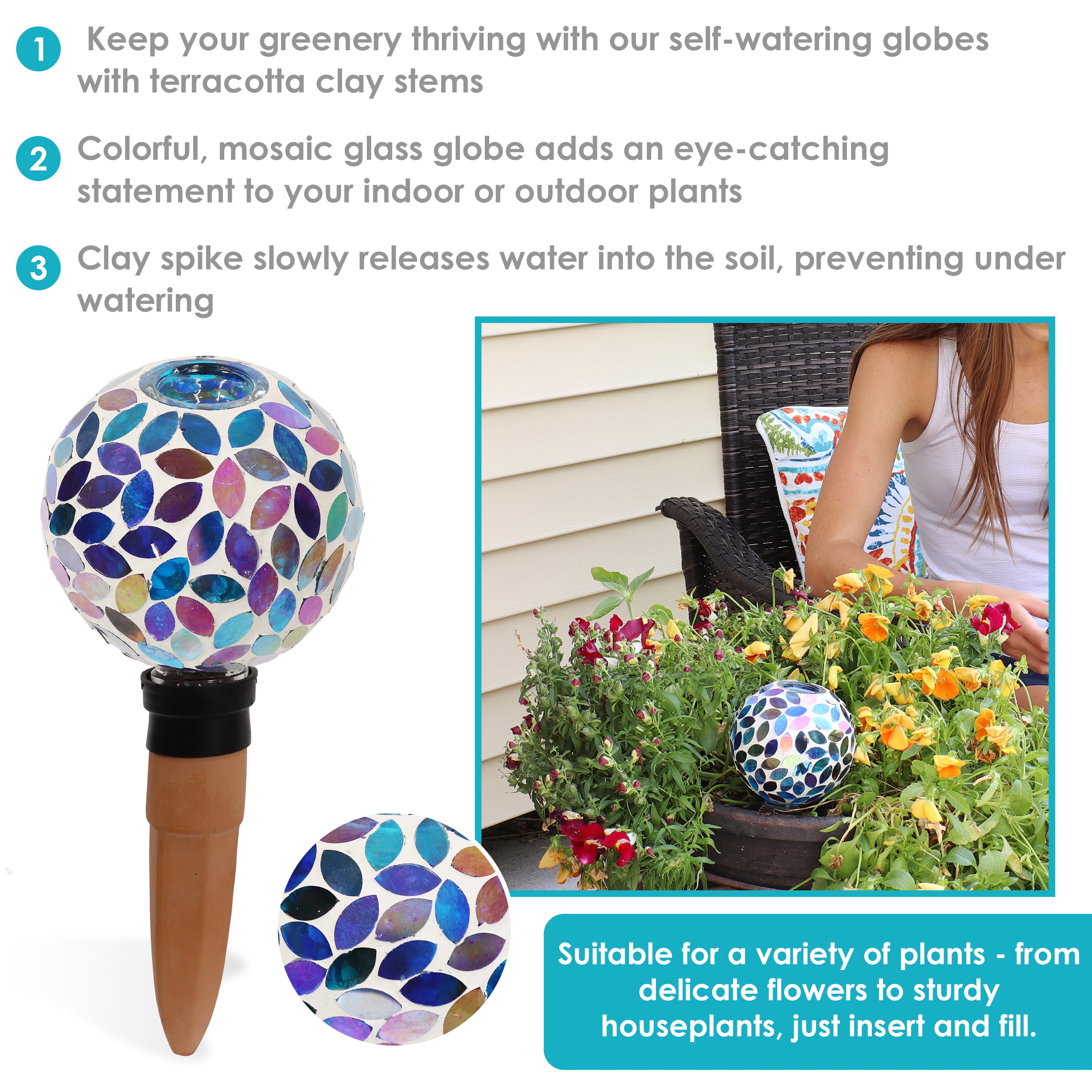Sunnydaze Decorative Mosaic Glass Plant Watering Globe with Clay Spike - Self-Watering System for Indoor & Outdoor Potted Plants, Flowers, Herbs - Perfect for Vacation Care & Home Garden Decor