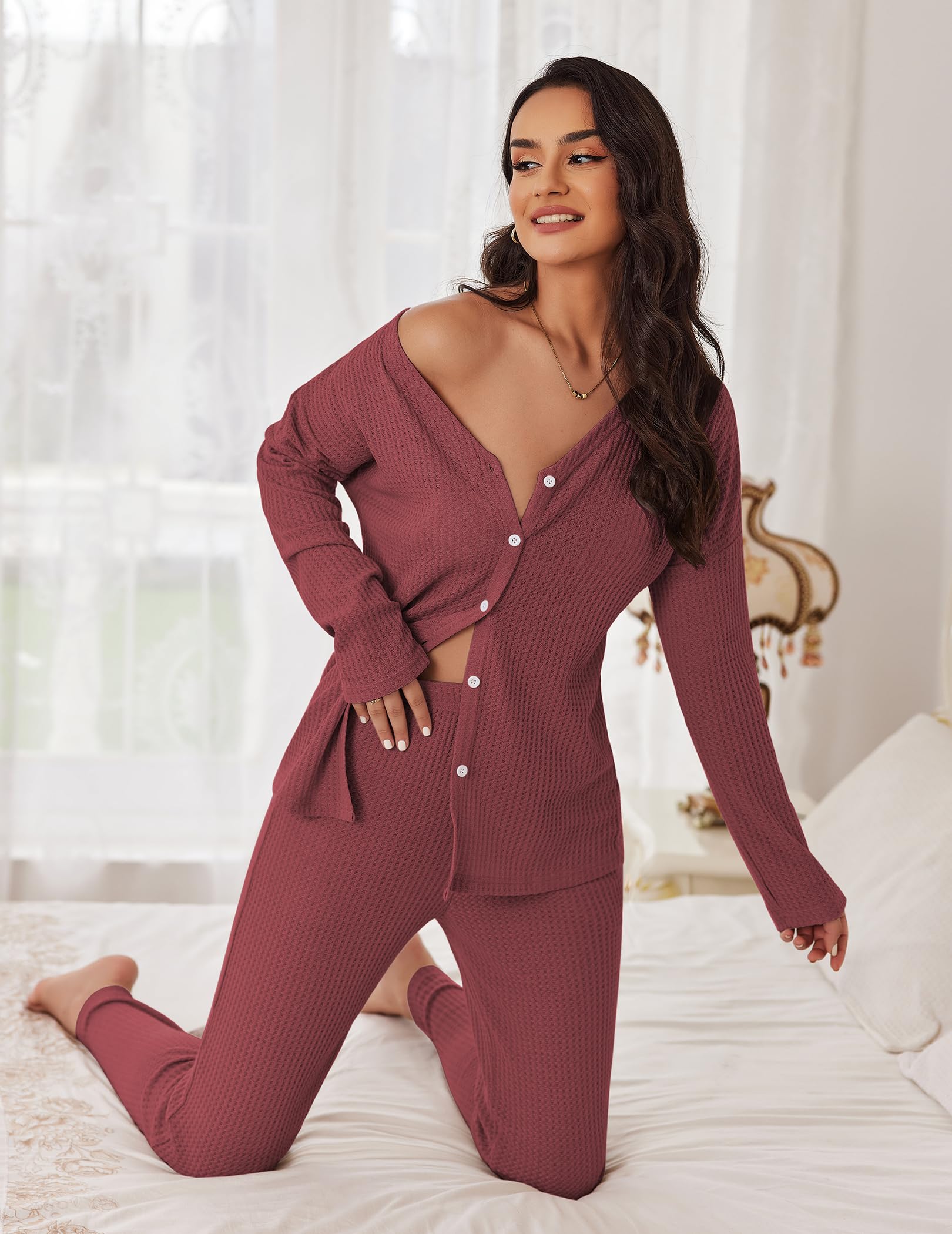 Ekouaer Women's Waffle Knit Pajama Set - Soft Button Down Sleepwear & Loungewear with Pockets | Cozy Two-Piece Pjs for Home, Sleep & Relaxation