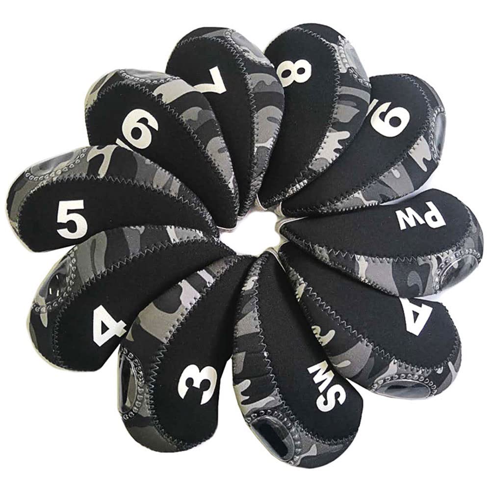 YZDKJDZ 10-Piece Camouflage Black & Gray Golf Club Head Covers Set - Protective Iron & Wedge Headcovers for Golf Clubs Replacement Accessories | Perfect for Golf Course Protection & Club Maintenance