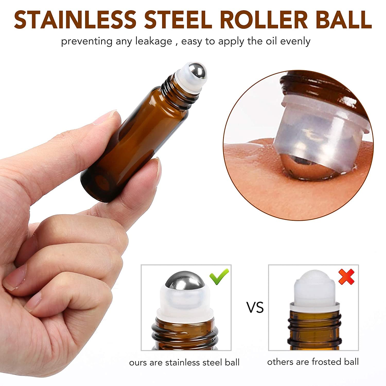 Hunky Dory 3-Piece 10ml Amber Glass Essential Oil Roller Bottles with Stainless Steel Roller Balls - Leakproof Roll-On Perfume & Under Eye Serum Bottles for Aromatherapy, Skincare & Beauty Use