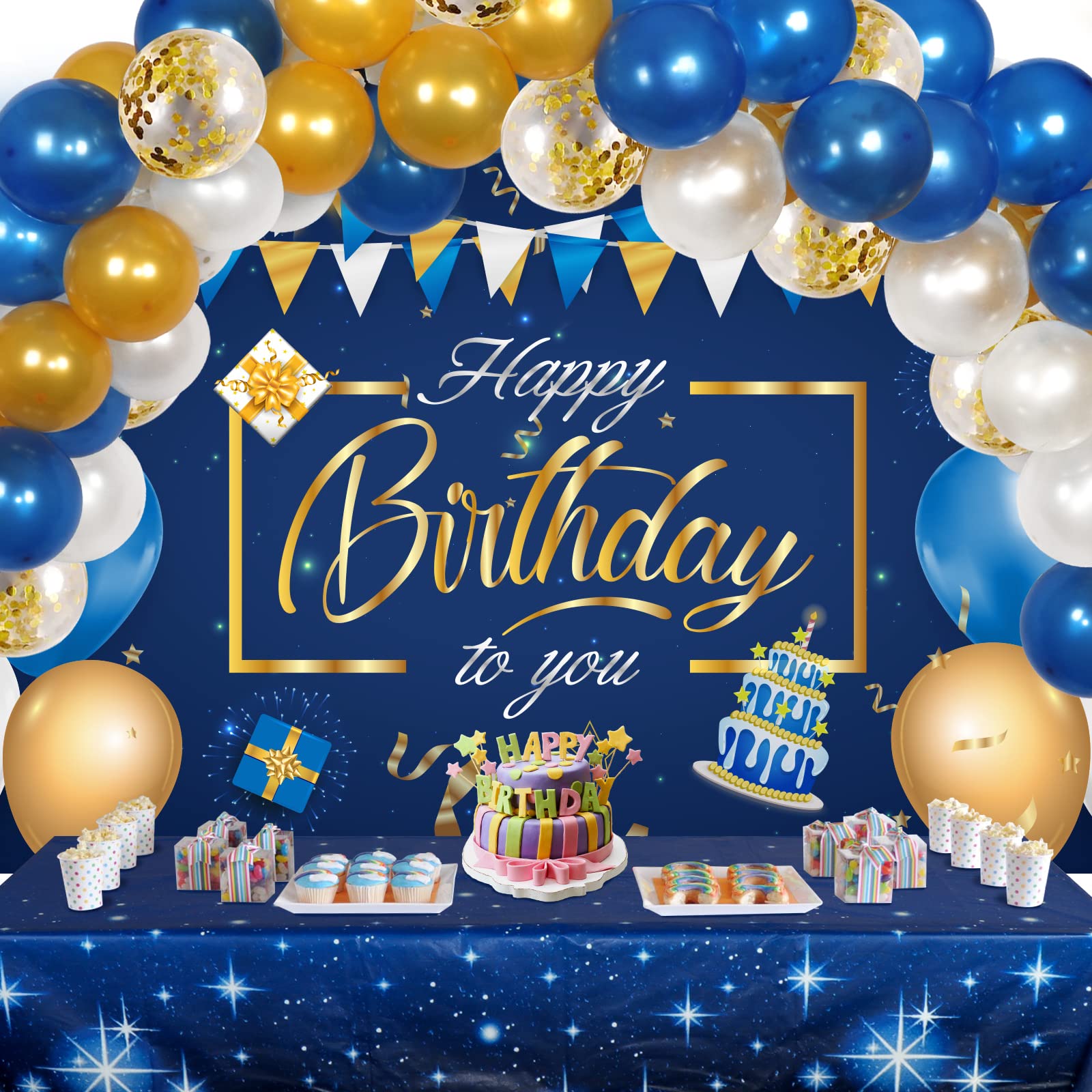 AerWo 58-Piece Blue Birthday Party Decorations Set for Men - Happy Birthday Backdrop, Confetti Balloons & Tablecloth - Perfect for Adult, Kids & Boys Birthday Celebrations, Home & Office Party Decor