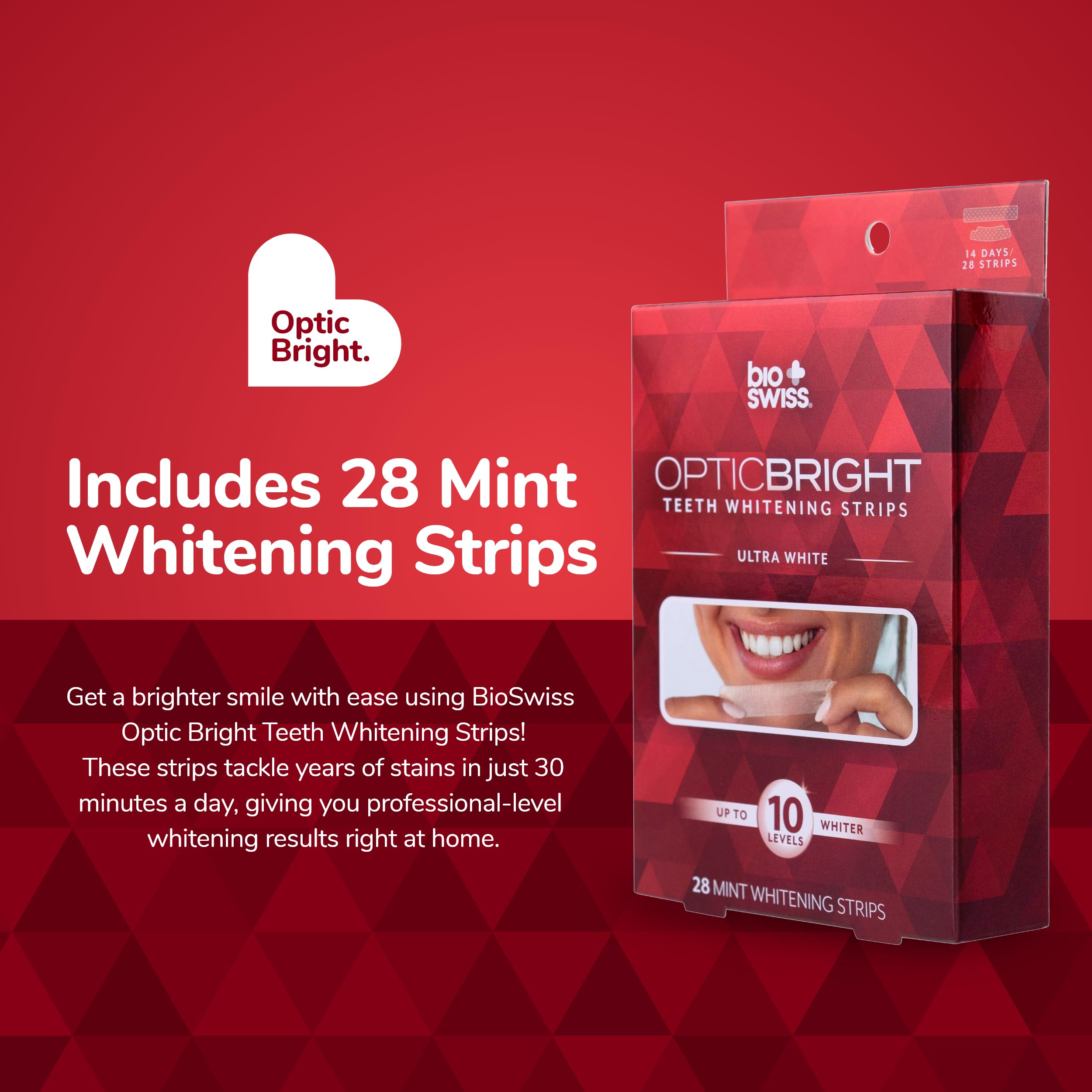 BioSwiss Teeth Whitening Strips - Optic Bright Ultra White Mint Whitener, 28 Strips for Professional Teeth Whitening at Home, Fresh Mint Flavor, Red Box Packaging | Perfect for Smile Brightening Before Events & Daily Use