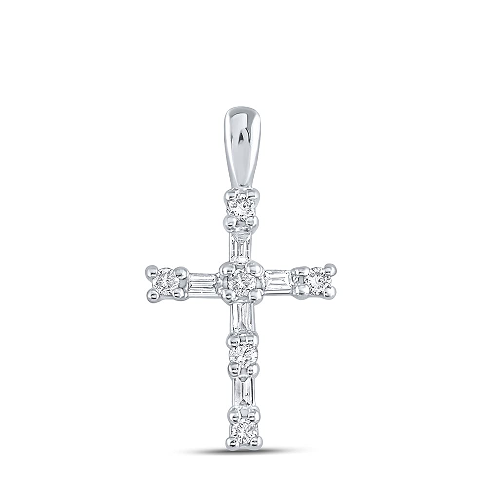 10K White Gold Women's Round Baguette Diamond Cross Pendant Necklace - 1/4 CTTW - Perfect for Gifts, Anniversaries & Everyday Elegance