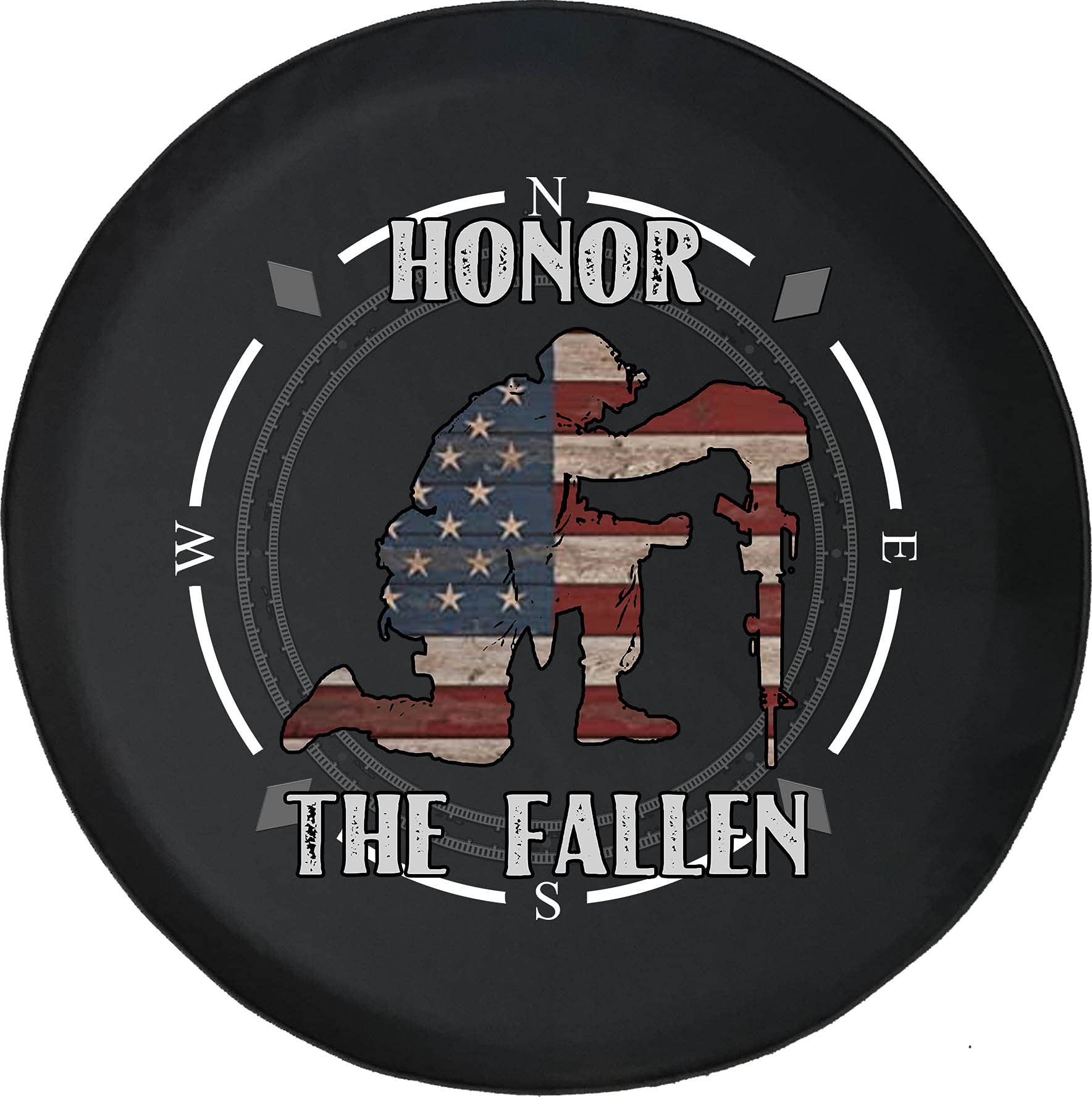 Honor The Fallen American Soldier Military Spare Tire Cover with Compass Design - Durable SUV, Trailer & RV Wheel Accessories for Outdoor Adventures & Patriotic Displays