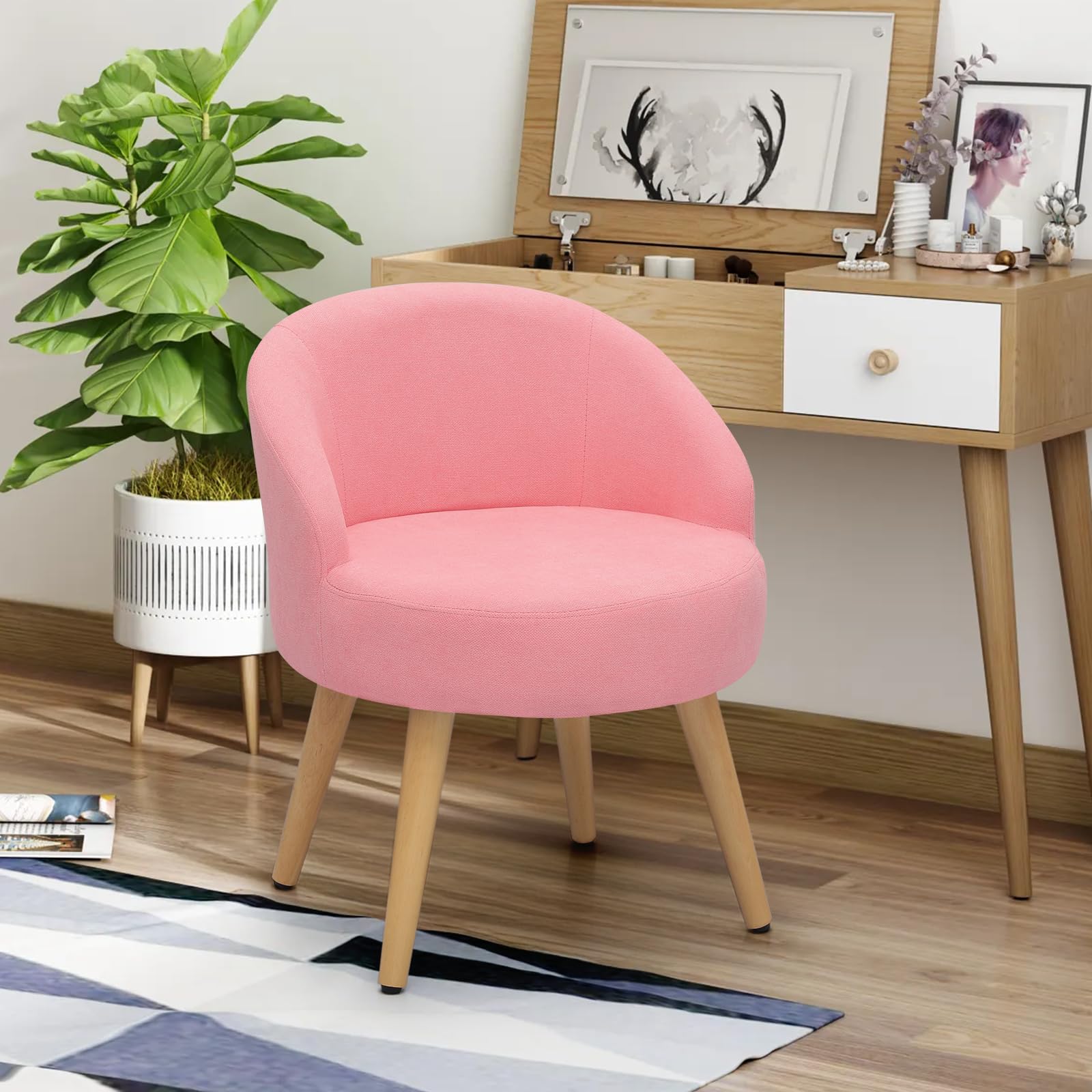 Magshion Velvet Vanity Chair with Back & Wooden Legs - Pink Accent Makeup Chair for Bedroom | Cute Linen Single Chair for Dressing Table, Girls Room Decor & Home Beauty Station
