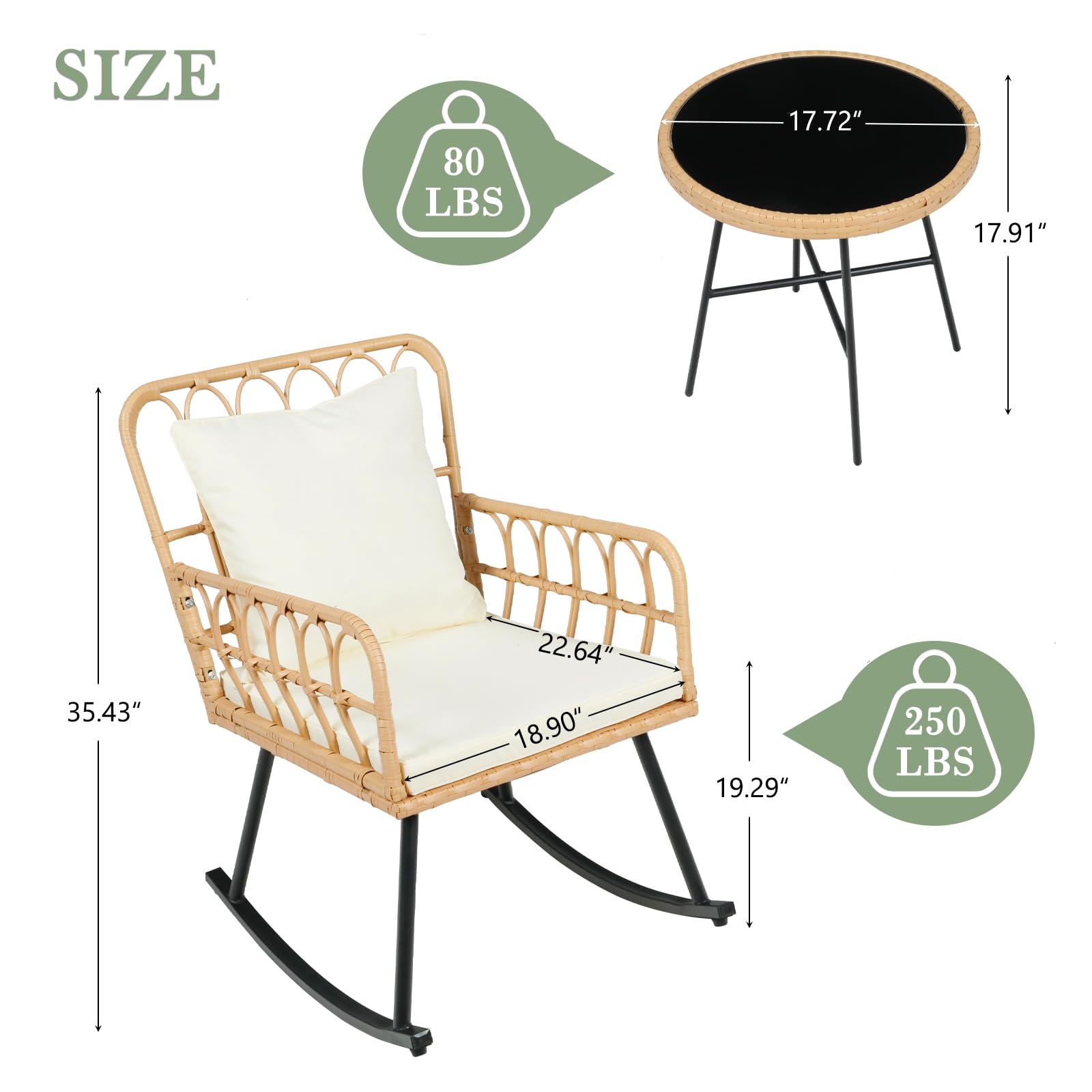Vikiullf 2-Piece Patio Rocking Chair Set - Wide Outdoor Wicker Rattan Rockers with Thickened Cushions, 3-Piece Boho Furniture for Balcony, Garden, Porch & Living Room - Perfect for Relaxing, Reading & Entertaining Guests