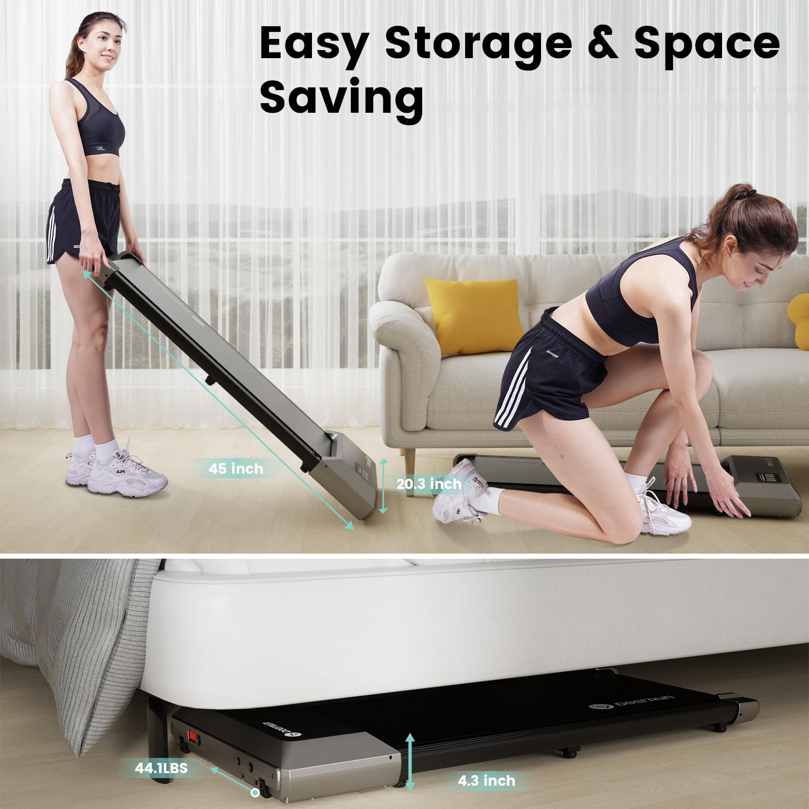 DeerRun 2-in-1 Under Desk Walking Pad Treadmill - 300LBS Capacity Portable Treadmill with LED Display & Remote Control for Home Office Workouts | Compact Space-Saving Design for Small Apartments & Home Gyms