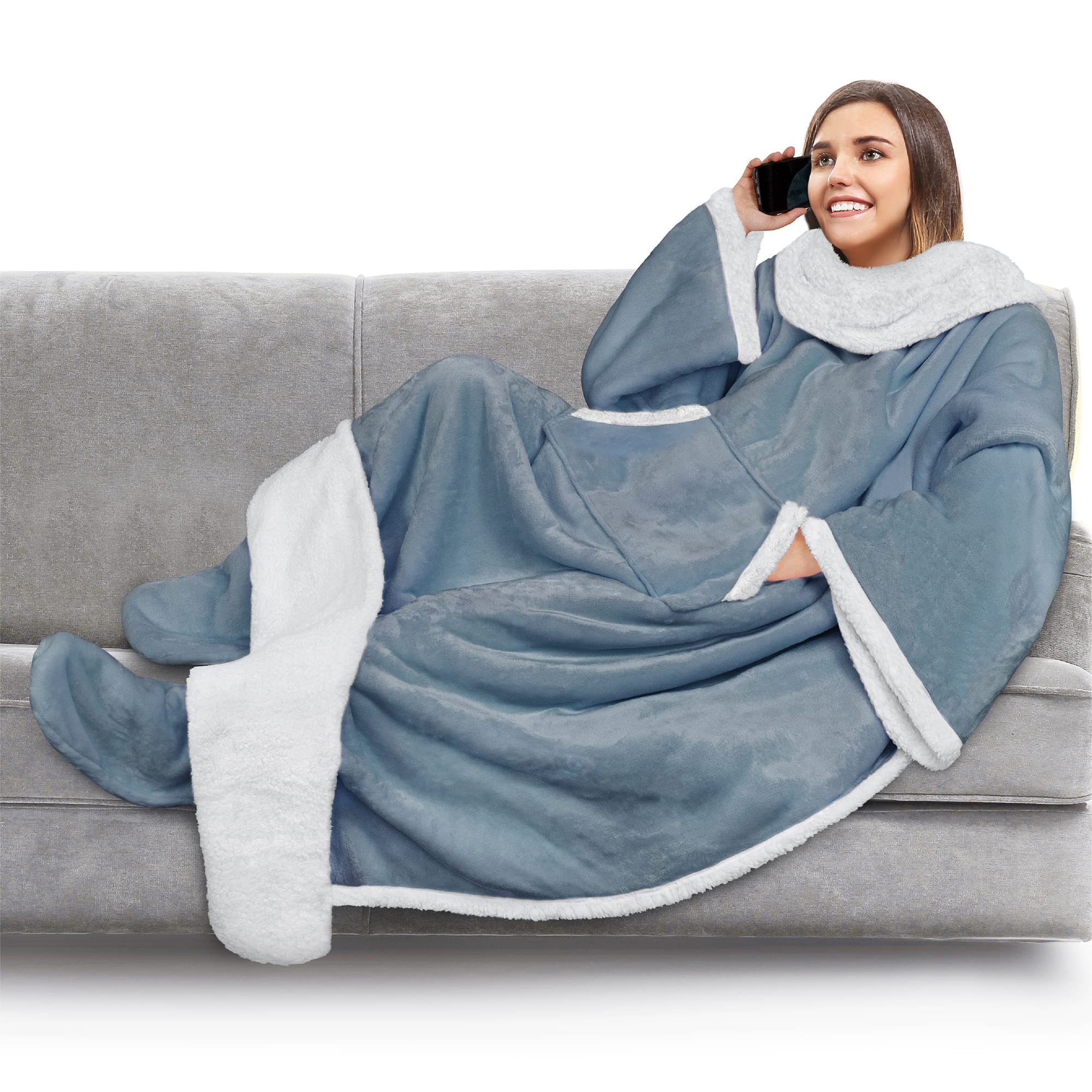 PAVILIA Sherpa Wearable Blanket with Sleeves & Foot Pocket - Soft Fleece Snuggle Wrap for Women & Men - Warm Thick Robe Blanket for Adults - Cozy Gift for Wife, Mom - Perfect for Winter Nights, Movie Time & Home Relaxation (Blue)