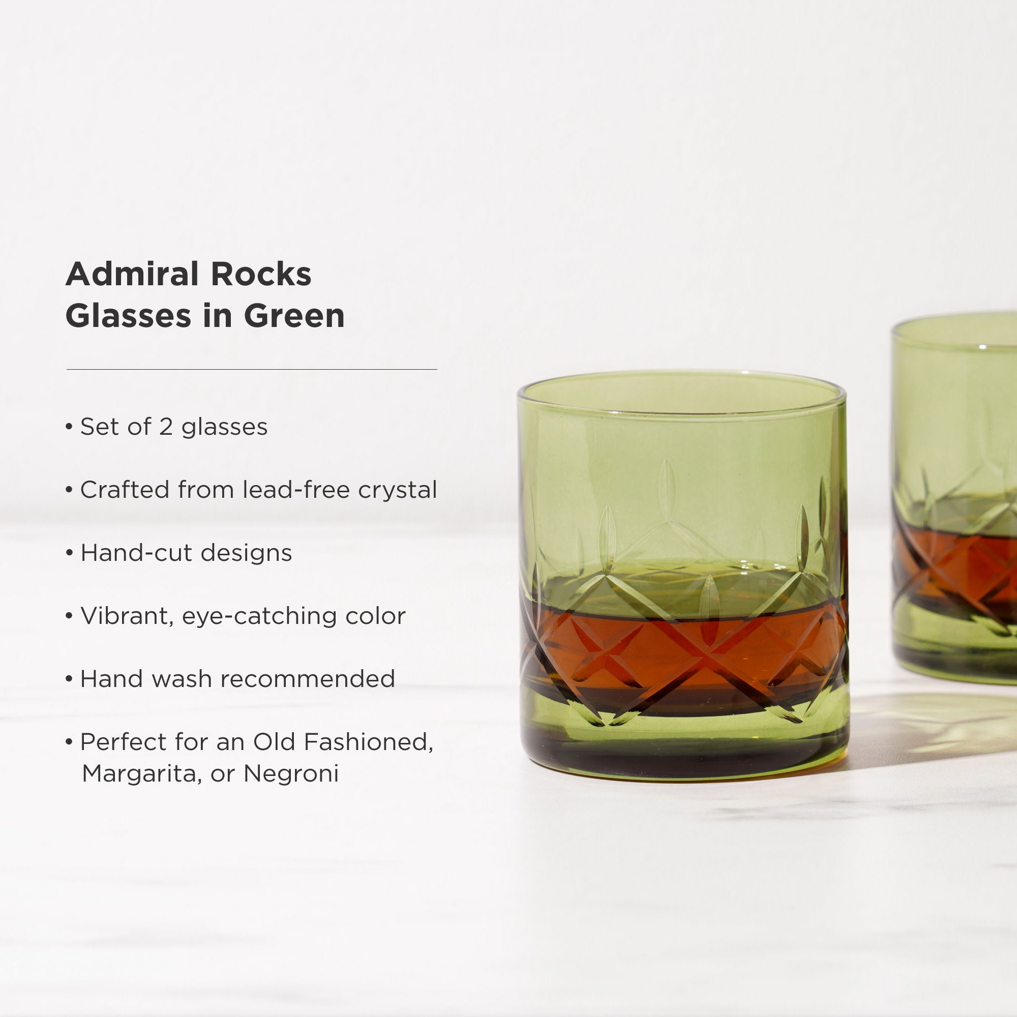 Premium Admiral Crystal Green Rocks Glasses Set of 2 - Elegant Whiskey & Cocktail Drinking Glasses for Home Bar, Dinner Parties & Gifts