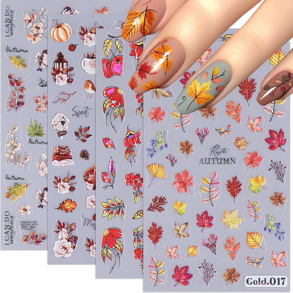 3D Embossed Fall Nail Stickers - Red Gold Maple Leaf Nail Art Decals for Women | Self-Adhesive Autumn Nail Designs | Thanksgiving Nail Accessories (4 Sheets) | Perfect for Halloween, Thanksgiving Parties & Autumn Nail Art