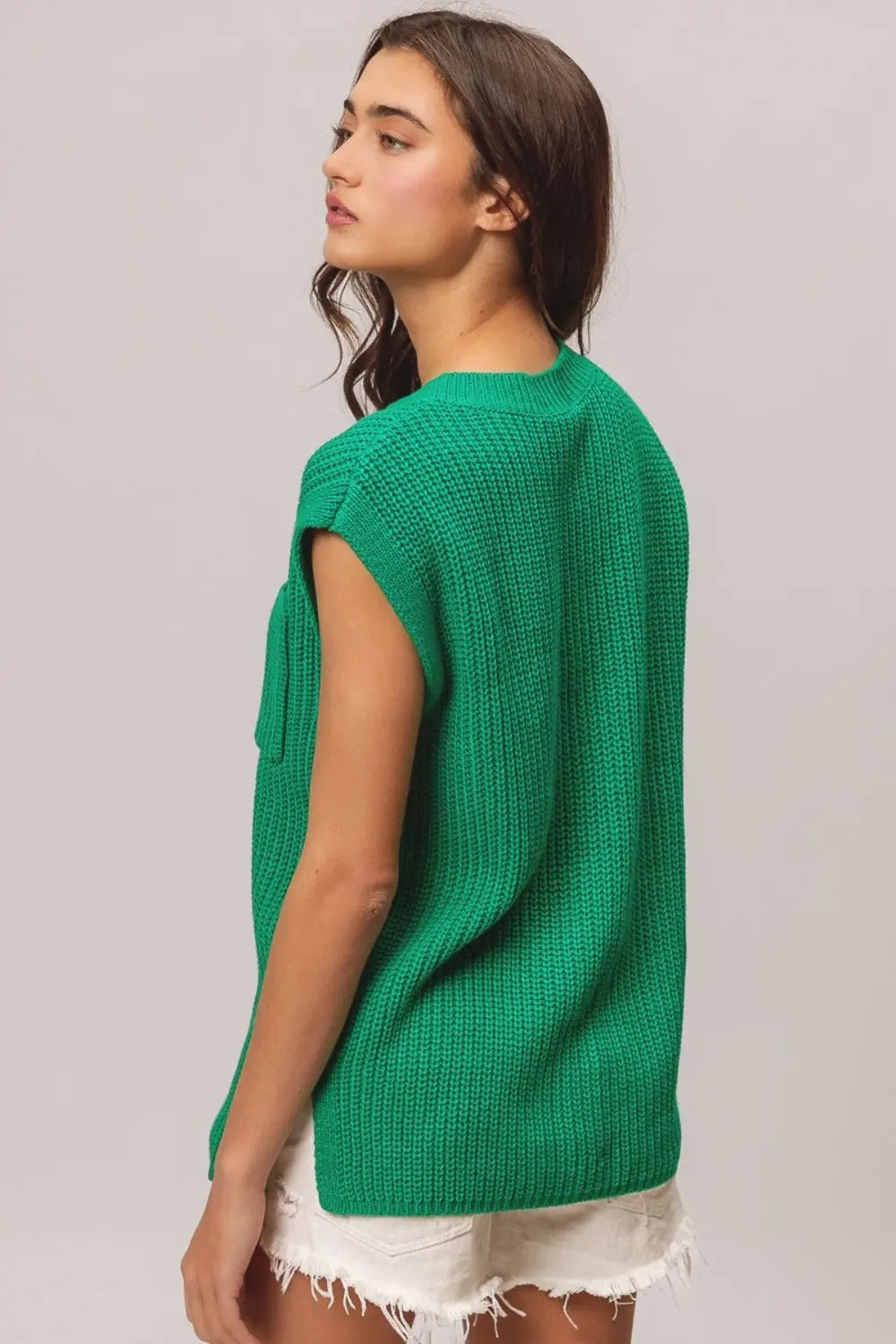 BiBi Patch Pocket Cap Sleeve Sweater Top for Women - Cozy Knit Pullover with Front Pockets - Perfect for Casual Outfits, Office Wear & Fall Layering