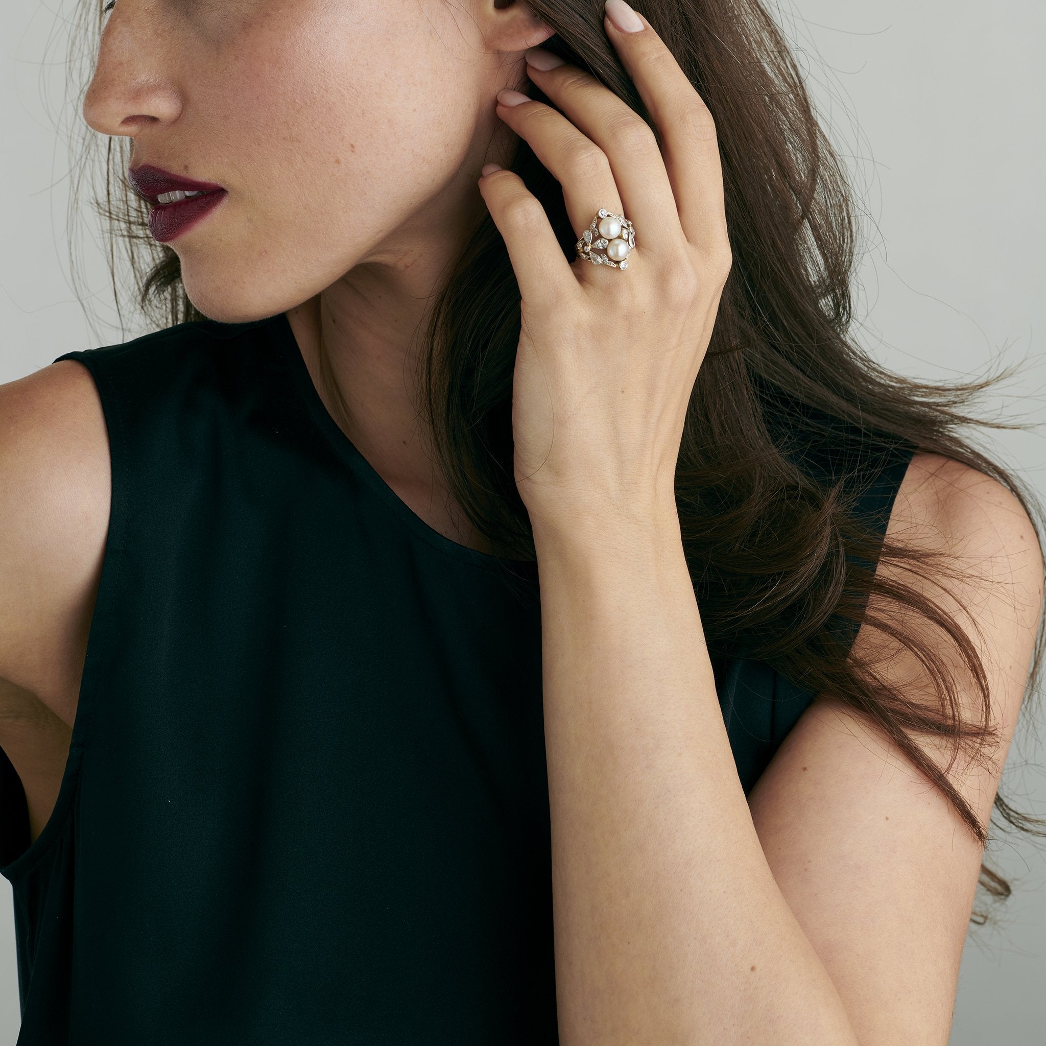 Exquisite Double Pearl and Diamond Ring for Women - Elegant Bridal, Anniversary & Special Occasion Jewelry Gift