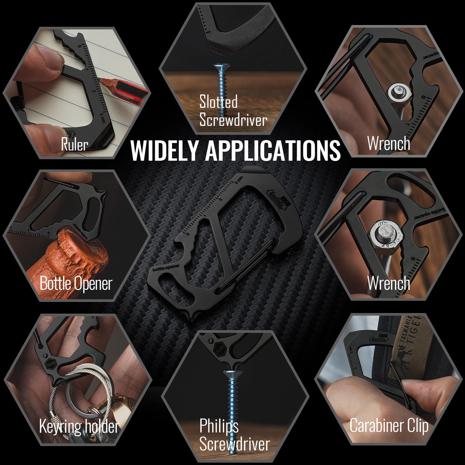 KeyUnity KS00BK 7-in-1 Stainless Steel Multitool Carabiner Clip - Includes Quick Release Clasp, Wrench, Cross/Slotted Screwdrivers, Bottle Opener, Ruler & Key Holder (PVD Black) - Perfect for Camping, Hiking, DIY Repairs & Everyday Carry