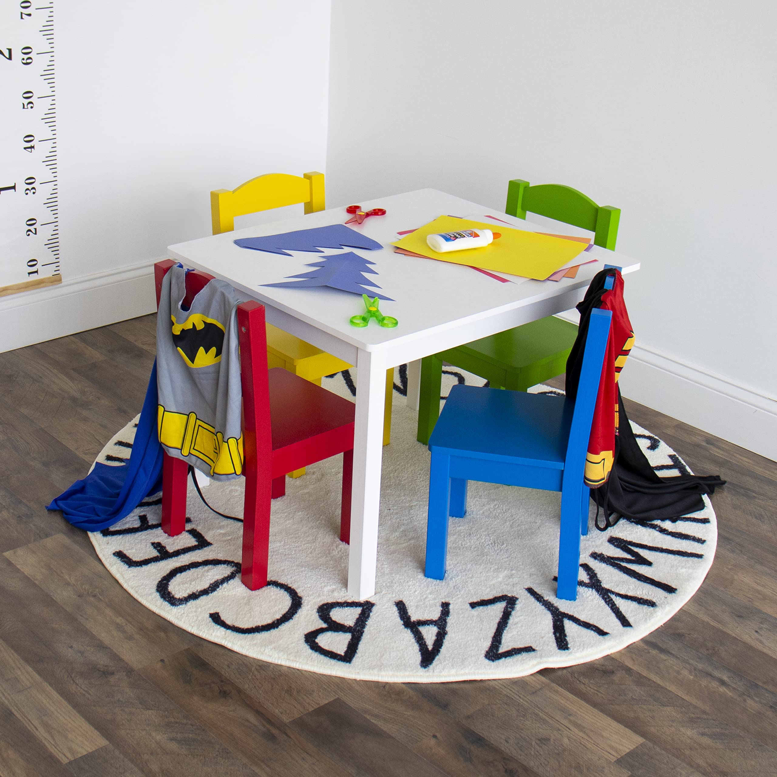 Humble Crew Kids Wooden Table and 4 Chairs Set, White/Primary - Sturdy Toddler Activity Table for Arts, Crafts, Snack Time & Learning - Durable Children's Furniture for Playroom, Classroom & Home Use
