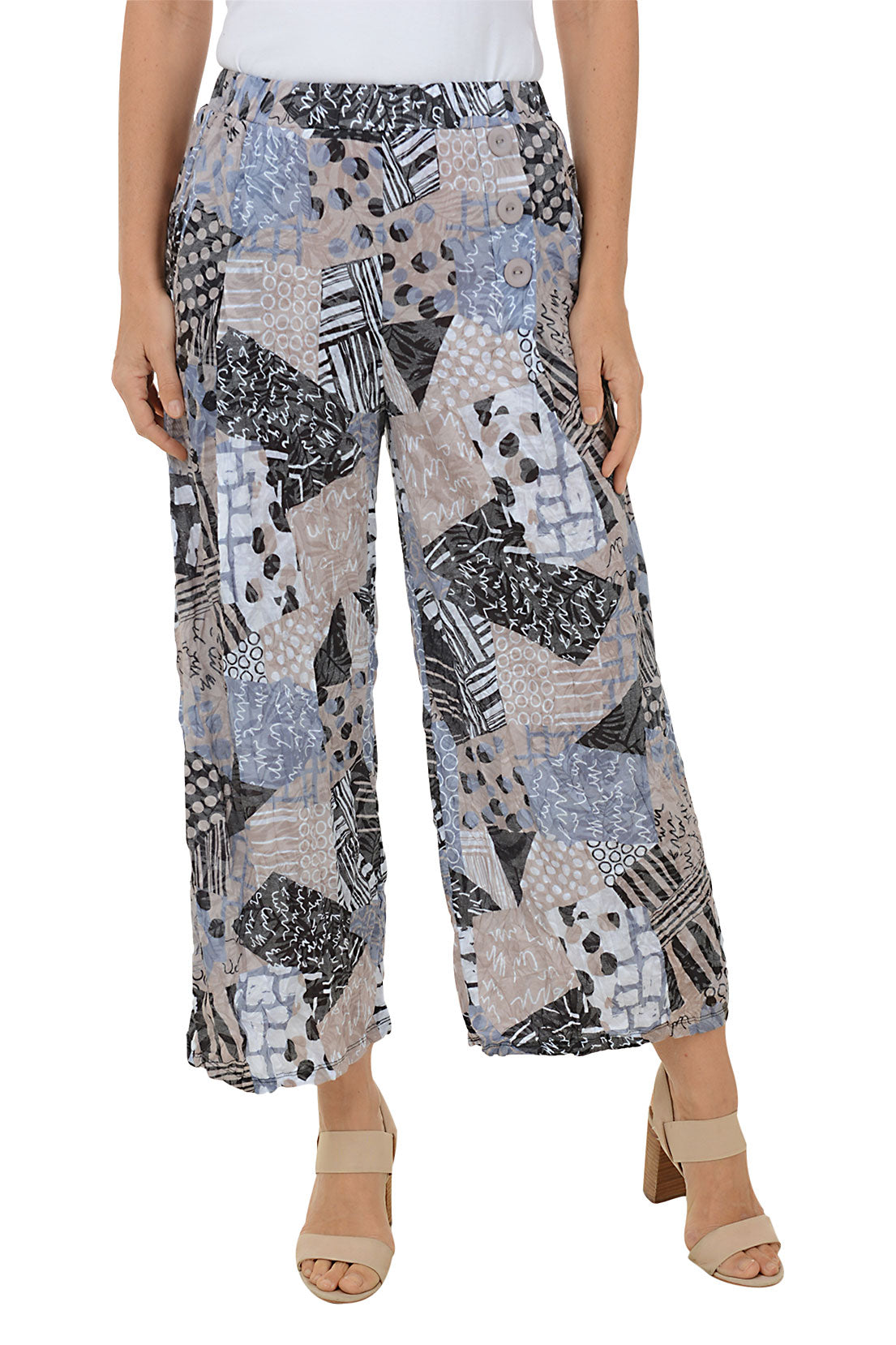 Stylish Safari Patchwork Crinkle Palazzo Pants with Triple Button Closure - Perfect for Travel, Vacation & Boho Fashion Outfits