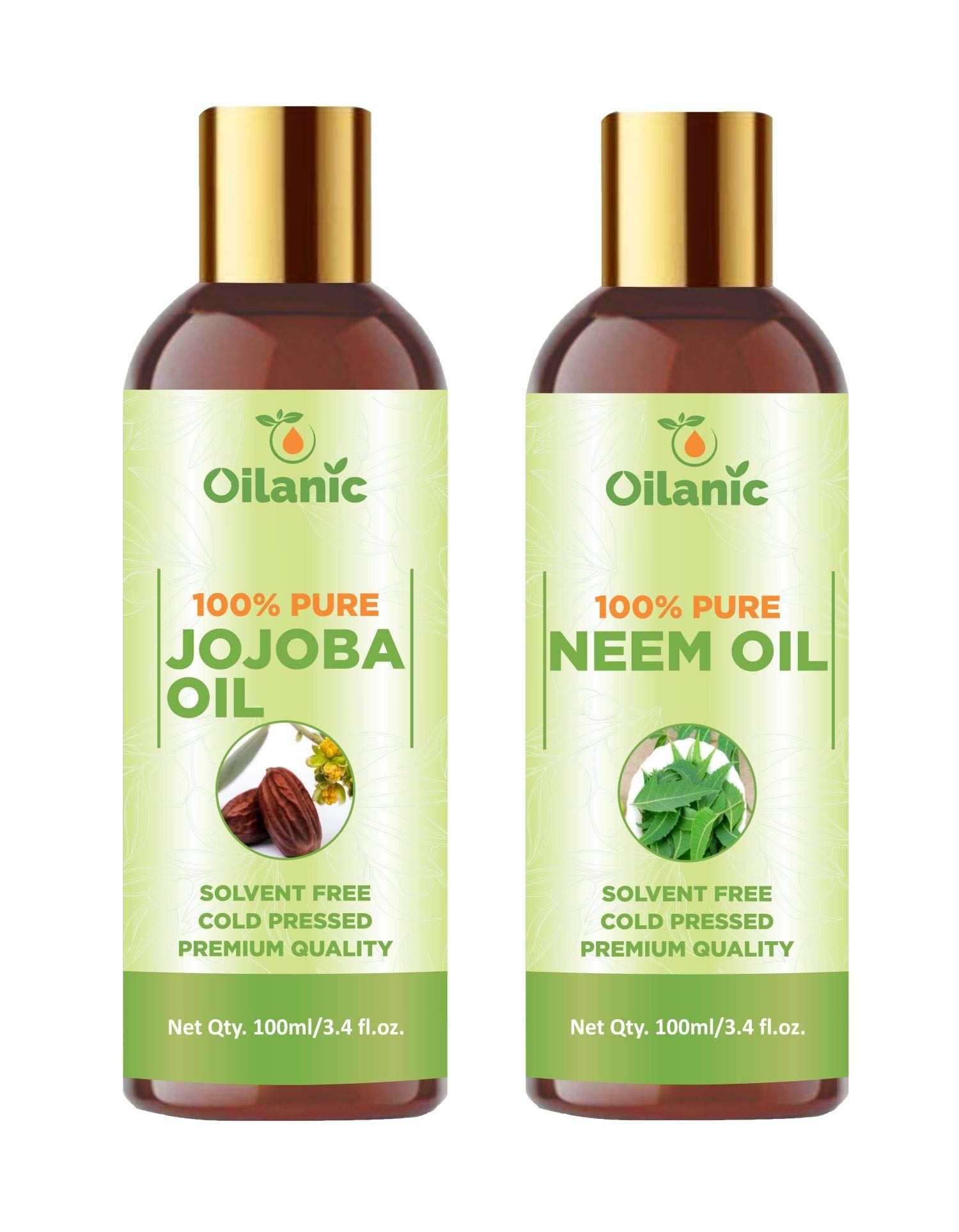 Oilanic 100% Pure Natural Jojoba Oil & Neem Oil Combo Pack - 2 Bottles (100ml Each, 200ml Total) for Hair Care, Skin Moisturizing & Acne Treatment