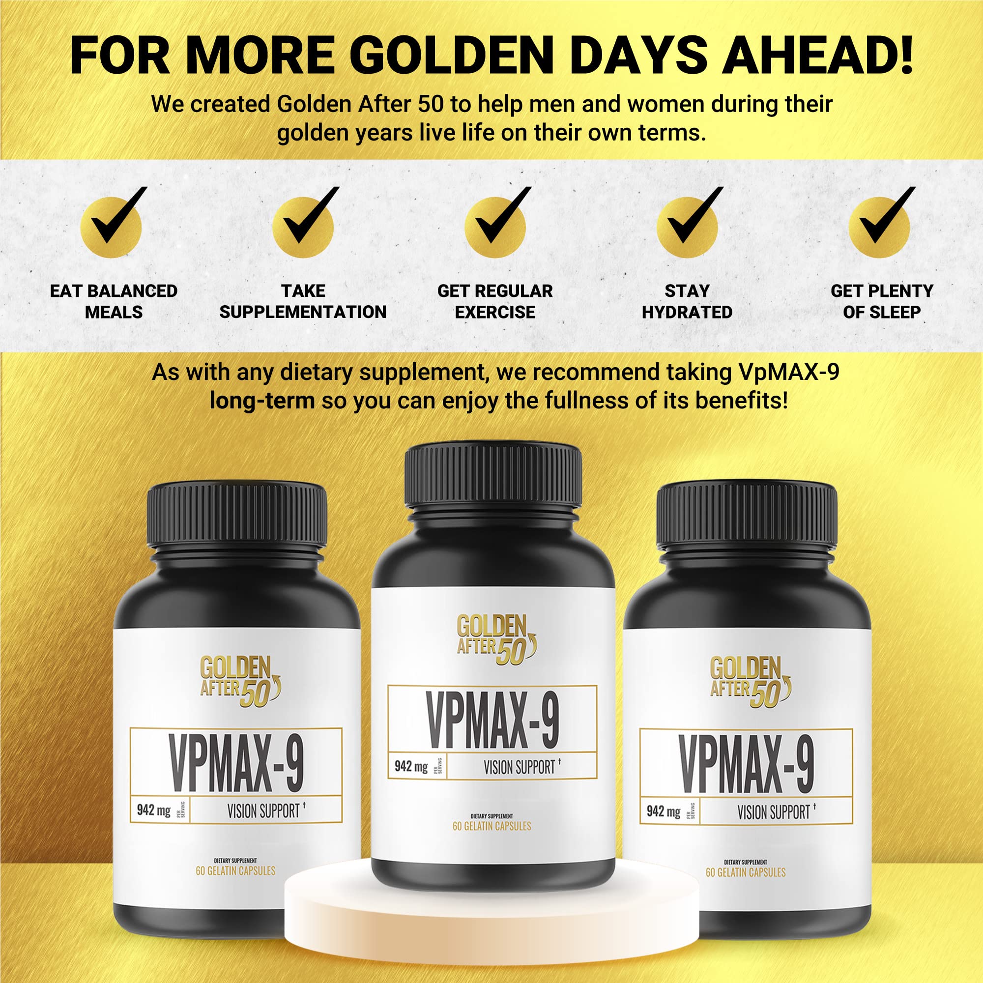 Golden After 50 VpMax-9 - Premium Eye Care Supplement with Lutein, Lycopene & Bilberry Extract - Supports Vision Health & Antioxidant Protection - 6 Bottles (180 Capsules) - Ideal for Computer Users, Night Drivers & Aging Eyes