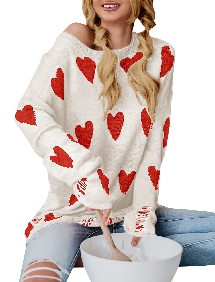 Tutorutor Women's Cute Heart Print Sweater - Oversized Off Shoulder Loose Knit Valentine Pullover Blouse Top for Casual Wear & Date Nights