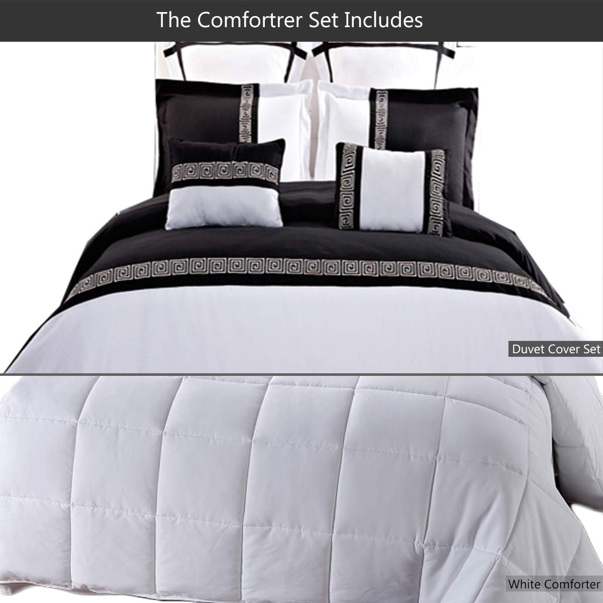 Embroidered Microfiber 8-Piece Full/Queen Size Comforter Set - Black & White Duvet Cover with Down Alternative Comforter | Luxury Bedding for Master Bedroom, Guest Room & Dorm