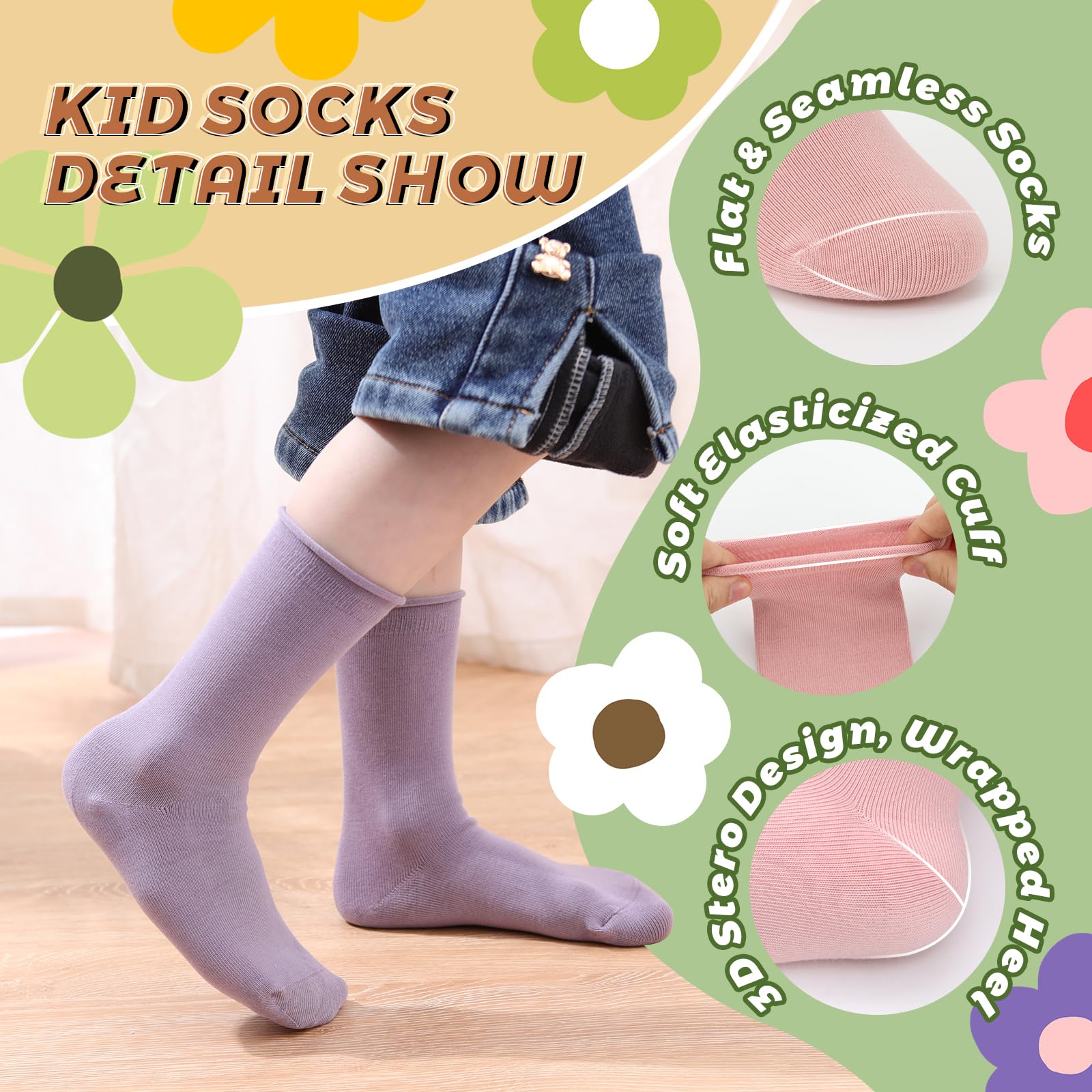 **JAKIDAR Girls Crew Seamless Socks - 6 Pairs Soft Cotton Casual Dress Socks for Kids - Perfect for School, Play & Everyday Comfort**