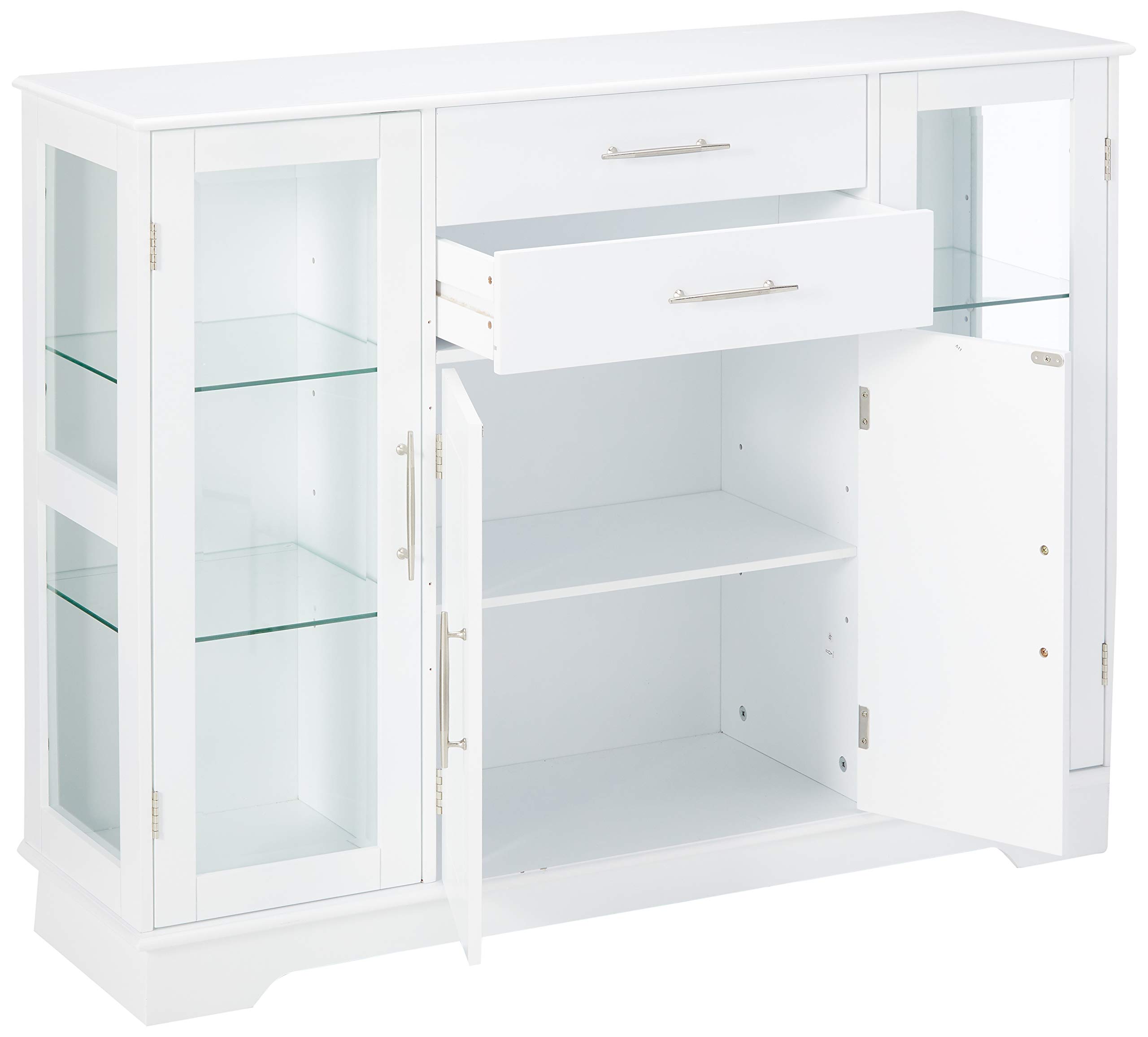 Kings Brand White Kitchen Storage Cabinet with Glass Doors - Buffet Sideboard for Dining Room, Living Room & Kitchen Organization