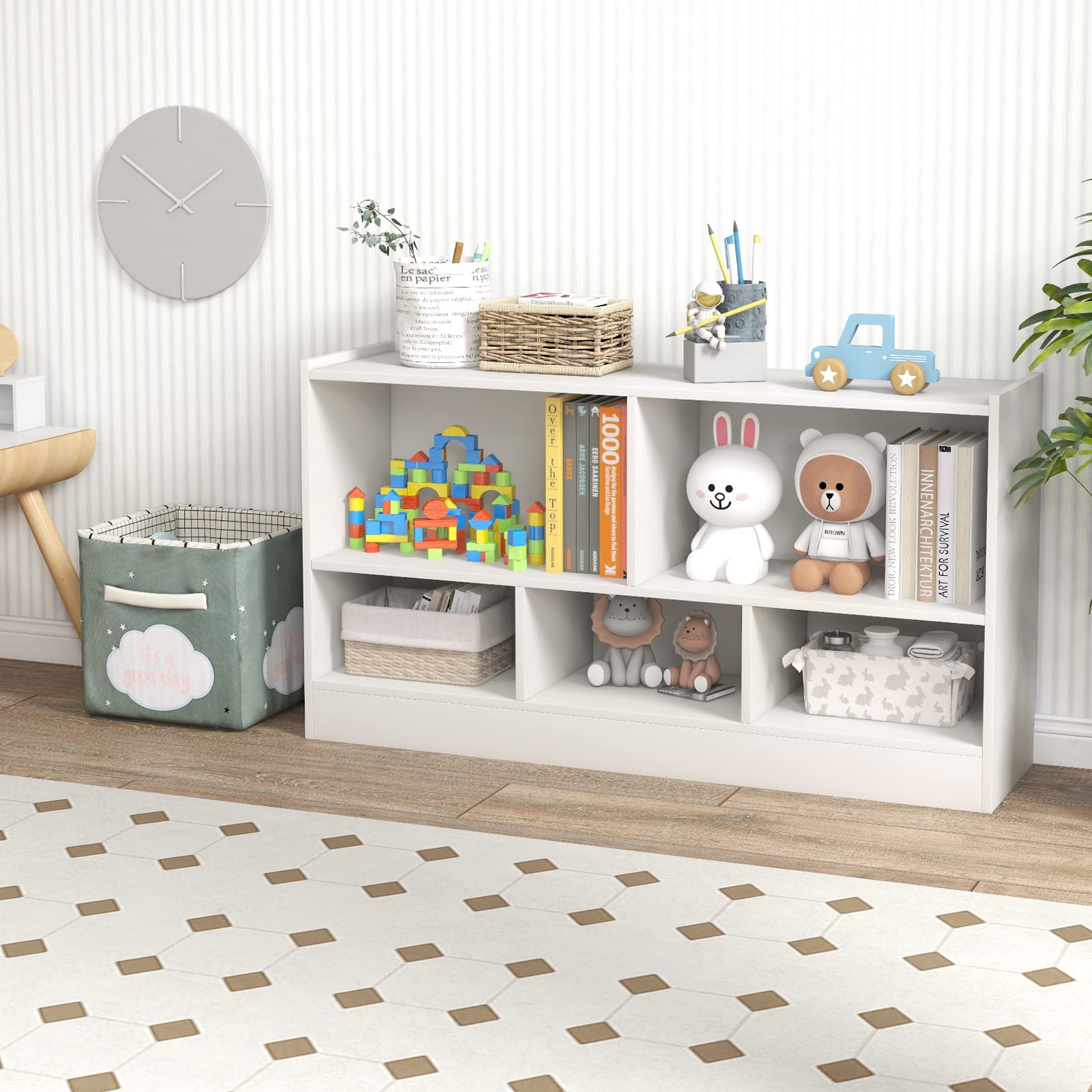 IFANNY 2-Tier Wooden Toy Storage Organizer & Kids Bookshelf - 5 Cube Bookcase for Toys, Books & Storage - White Nursery Shelf for Playroom, Classroom, Bedroom - Perfect for Organizing Kids' Toys, Books & Learning Supplies