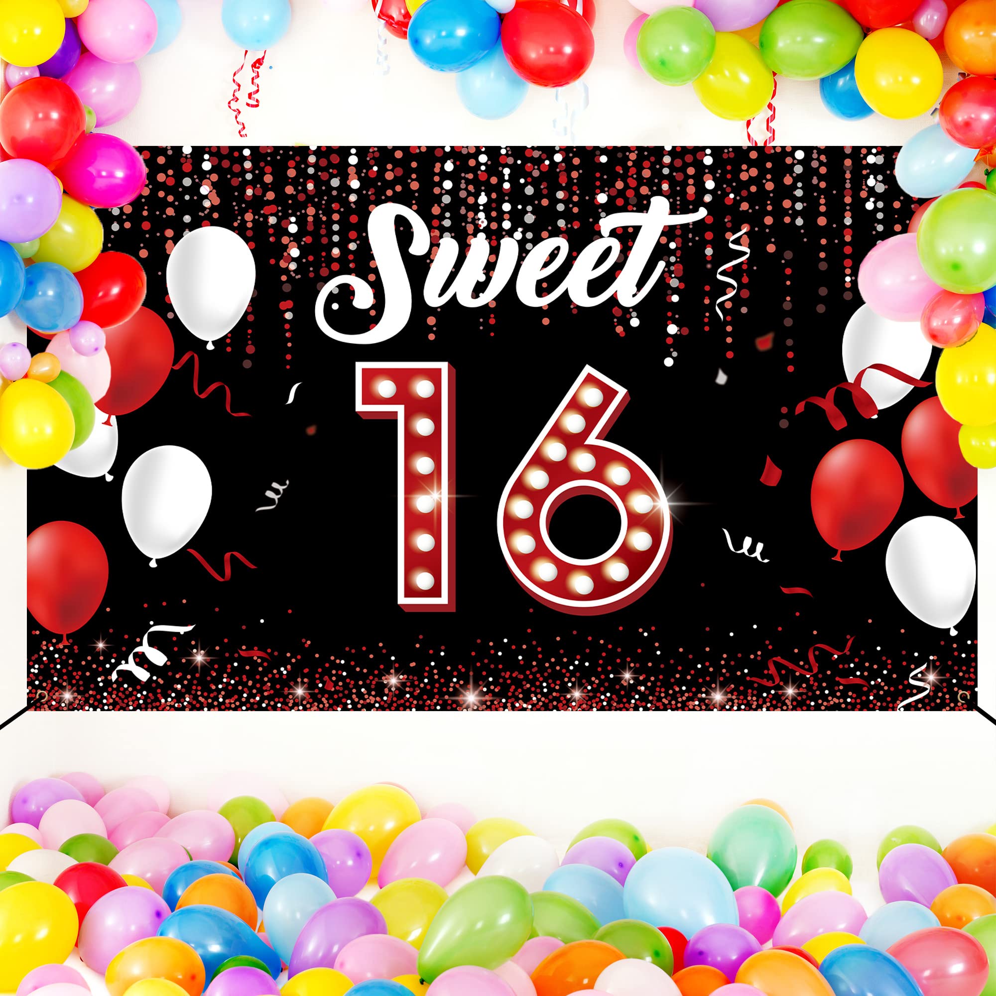 Sweet 16 Birthday Backdrop Banner - Happy 16th Birthday Decorations for Girls & Boys - Red & Black Sweet Sixteen Party Supplies - Indoor/Outdoor Yard Sign & Photo Booth Props - Premium Fabric Decor by Vicycaty - Perfect for Birthday Parties, Photo Shoots & Celebrations