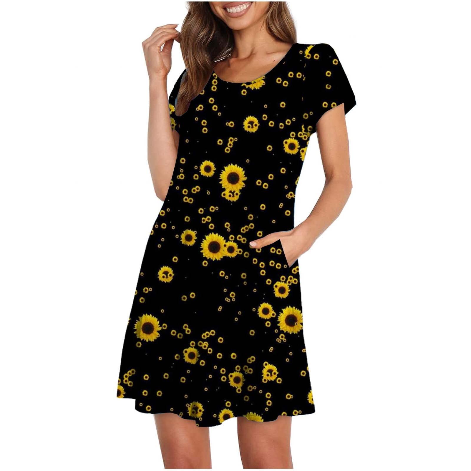 Usupdd Women's Floral Print Short Sleeve T-Shirt Dress with Pockets - Round Neck Swing Dress for Summer, Beach, and Casual Outings