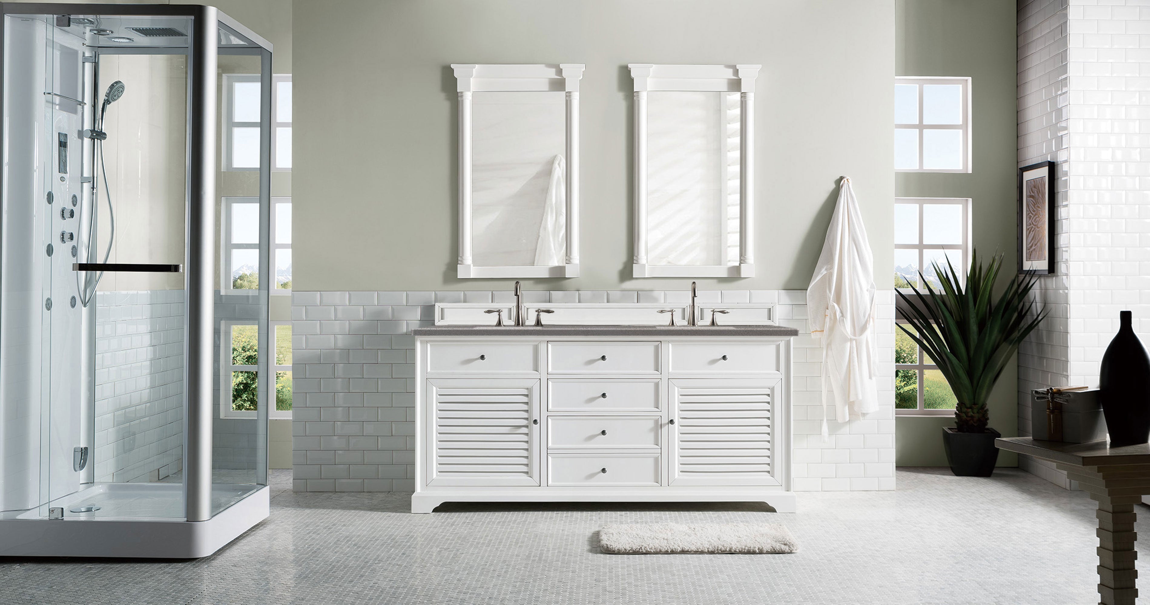 Savannah 72 Inch Double Vanity Cabinet with 3CM Grey Expo Quartz Top - Bright White Bathroom Vanity for Modern Master Bath & Guest Bathroom Renovation
