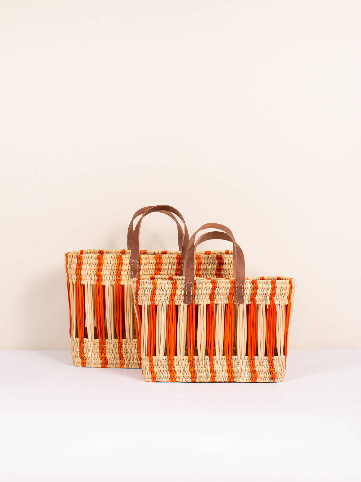 Handwoven Orange Stripe Decorative Reed Basket - Boho Home Decor for Living Room, Bedroom & Bathroom Storage
