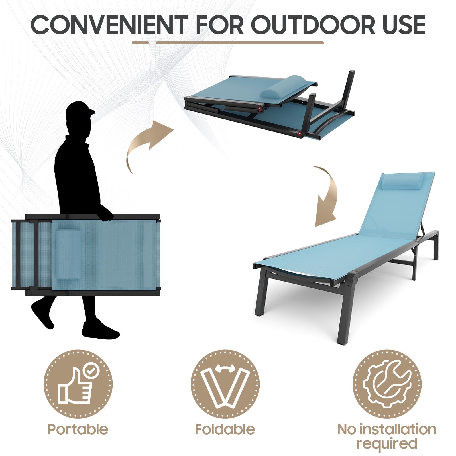 WOAJN 2-Pack Aluminum Patio Chaise Lounge Chairs - 5-Position Adjustable Backrest, Foldable Outdoor Poolside Chairs for Deck, Beach, Lawn & Backyard - Lightweight & Durable (Blue) | Perfect for Sunbathing, Relaxing by the Pool or Beach Vacation