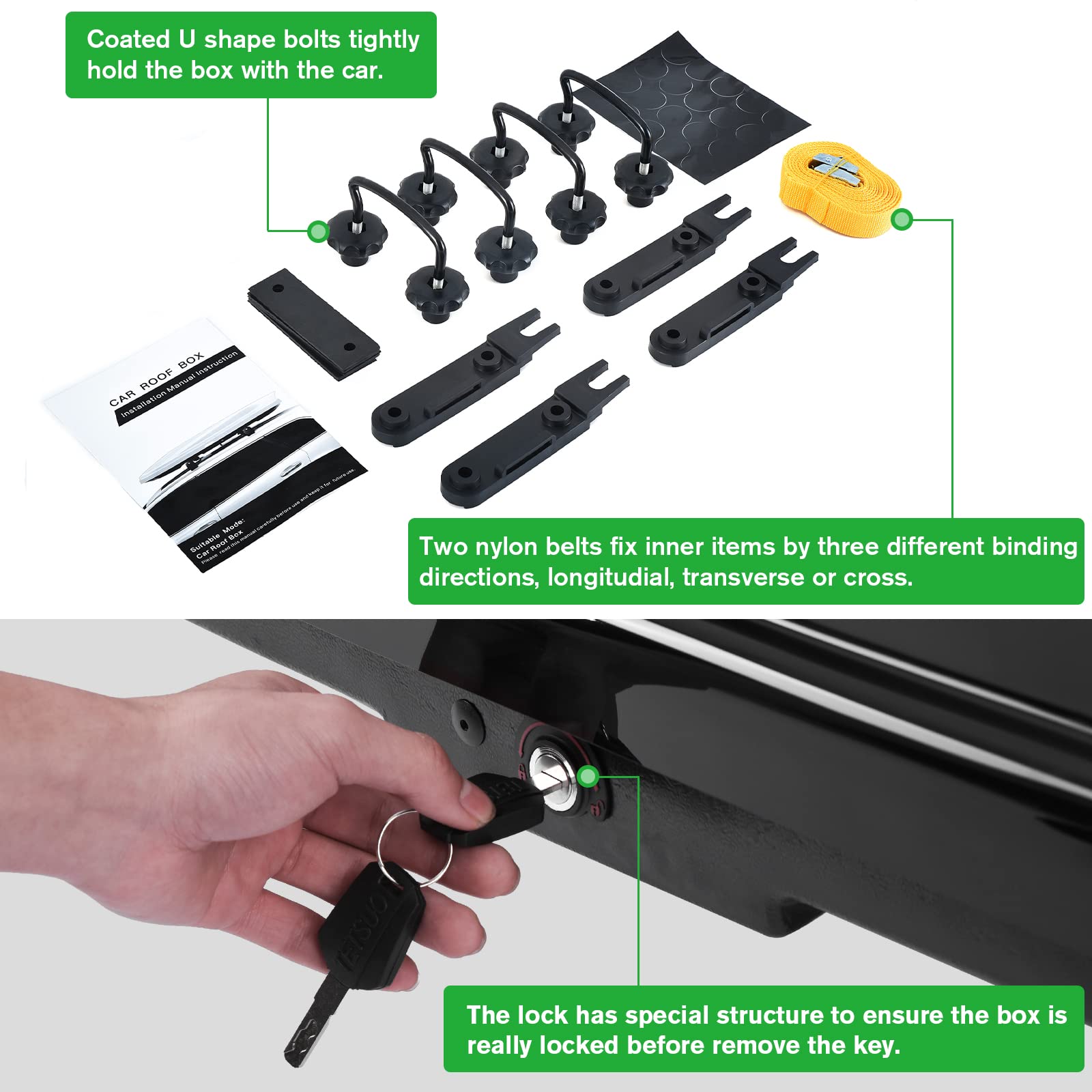 Hard-Shell Rooftop Cargo Box - Weatherproof & Lockable Roof Storage (130 LBS Capacity, 14 Cu Ft) with Dual Side Openings | Universal Fit for Roof Racks | Tool-Free Installation | Perfect for Road Trips, Camping Gear & Luggage Storage (Black)
