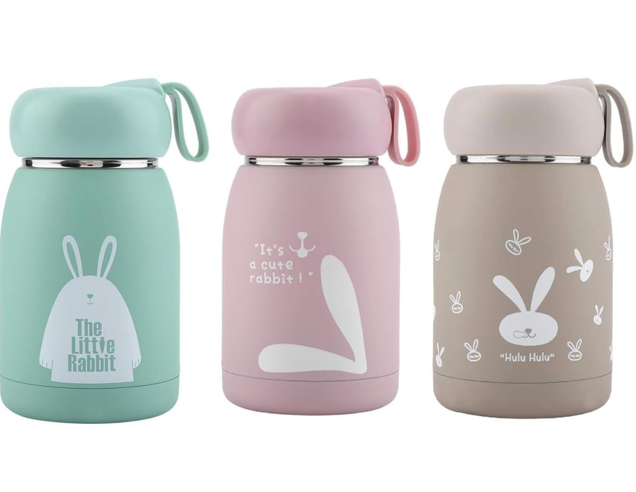 320ml Insulated Kids Water Bottle with Rabbit Design - Vacuum Stainless Steel Thermos for Home, Travel, Office, School & Picnic (Light Green) - Keeps Drinks Cold/Hot for Hours