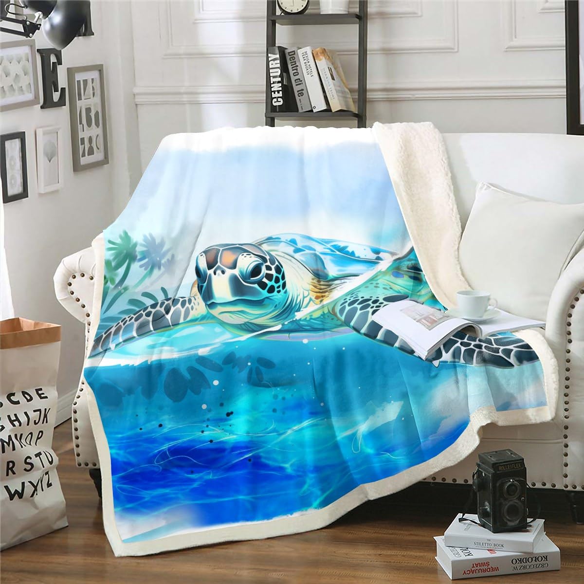 3D Ocean Turtle Sherpa Blanket - Ultra Soft Plush Fleece Throw for Kids & Adults - Blue Sea Turtle Design - Perfect Gift for Turtle Lovers - 50