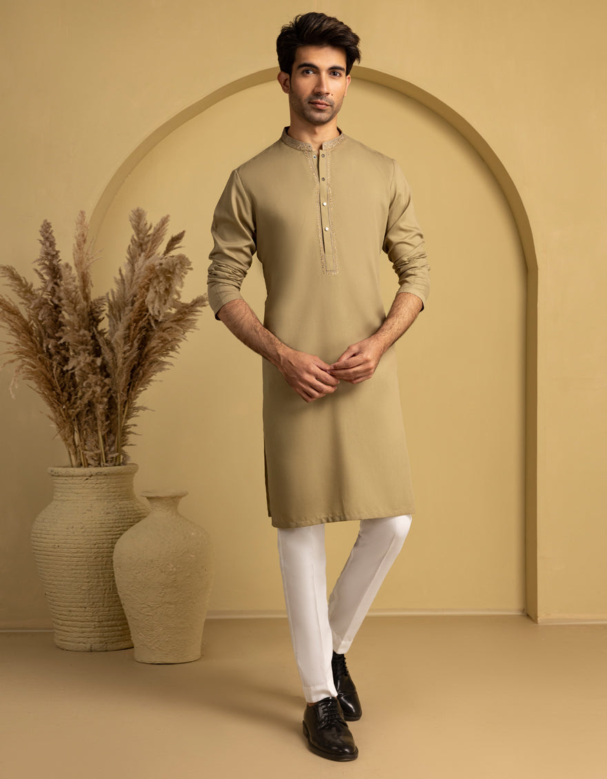 Stylish Blended Brown Kurta by J. Junaid Jamshed - Comfortable Cotton Ethnic Wear for Men - Perfect for Festivals, Weddings & Casual Outings