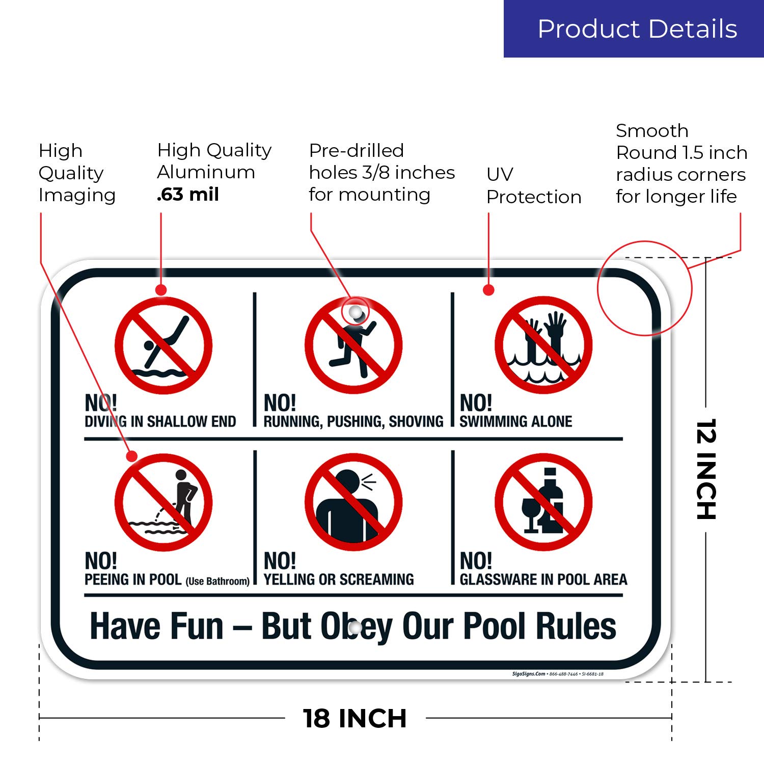 Pool Rules Sign - 12x18 Inches Rust-Free .063 Aluminum, Fade-Resistant Backyard Sign for Swimming Pools, Made in USA - Ideal for Residential & Public Pools, Spas, Water Parks