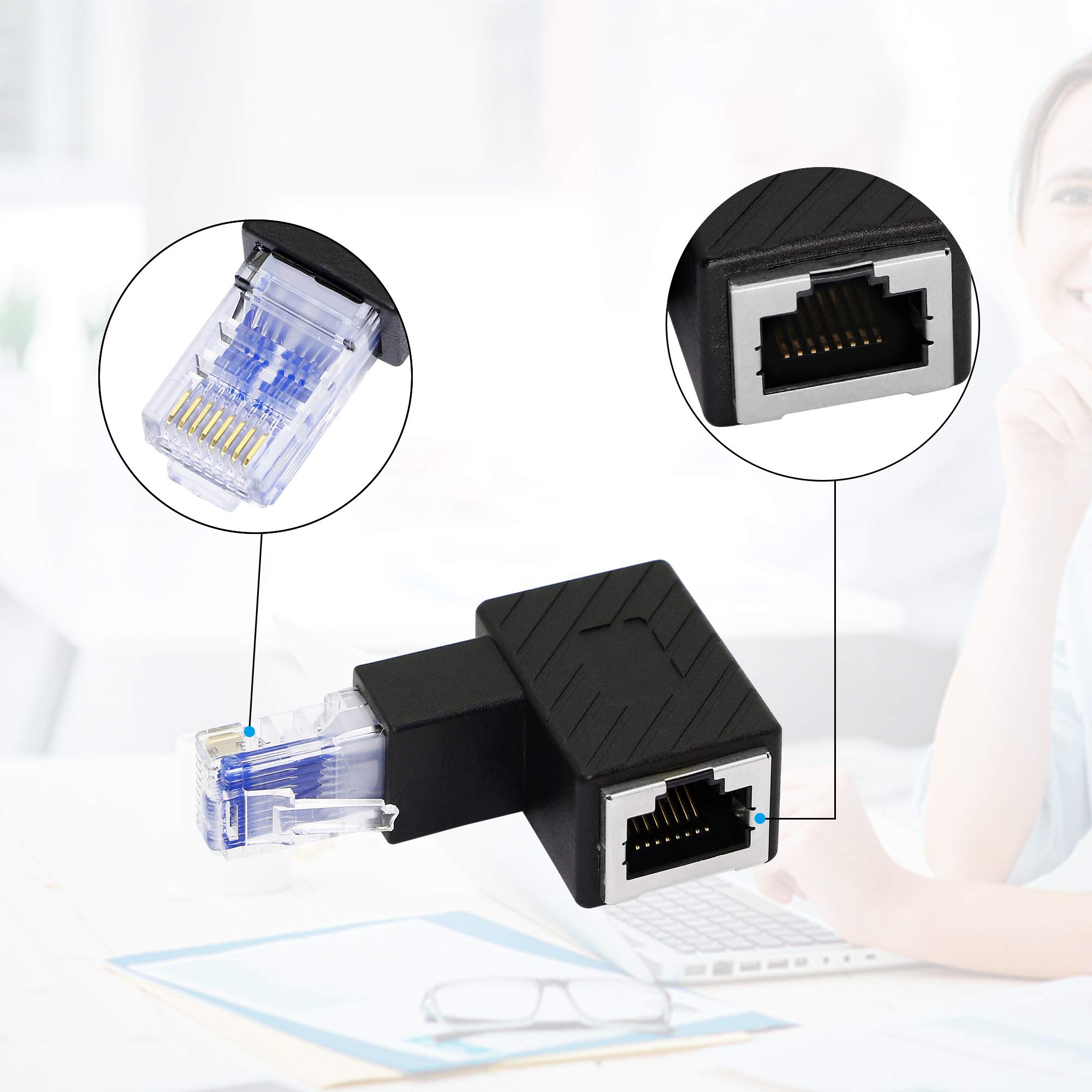 RIIEYOCA 90 Degree Down Angle Ethernet Adapter - 2 Pack RJ45 Male to Female Cat6 LAN Network Extension Connector for Computer, Laptop, Router - Perfect for Tight Spaces & Cable Management in Home Office, Gaming Setup & Server Rooms