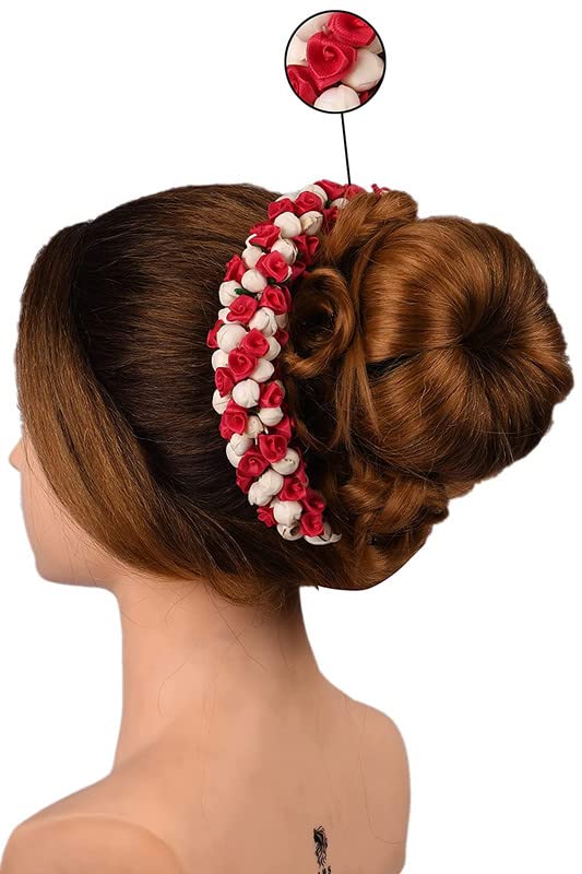 CHRONEX 1-Pack Pink Rose & White Mogra Flower Hair Gajra - Bridal Hair Accessory for Weddings, Parties & Indian Traditional Events