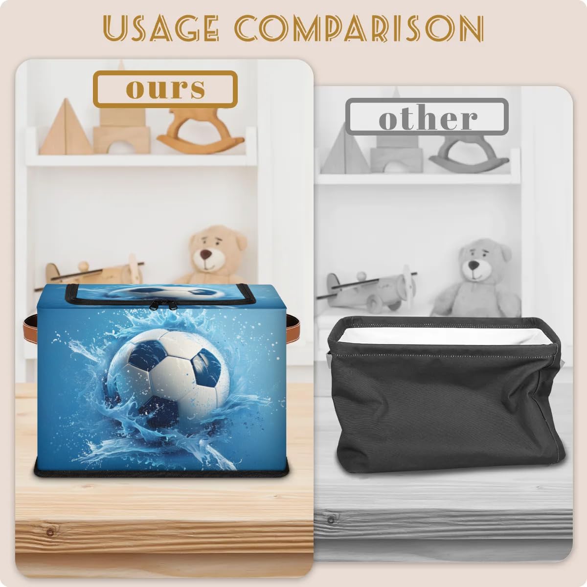 Football Storage Bins with Zipper Lid & Handle - 14.2x10.2x10 Inch Stackable Foldable Collapsible Storage Boxes - Set of 2 for Closet, Bedroom & Kids Room Organization