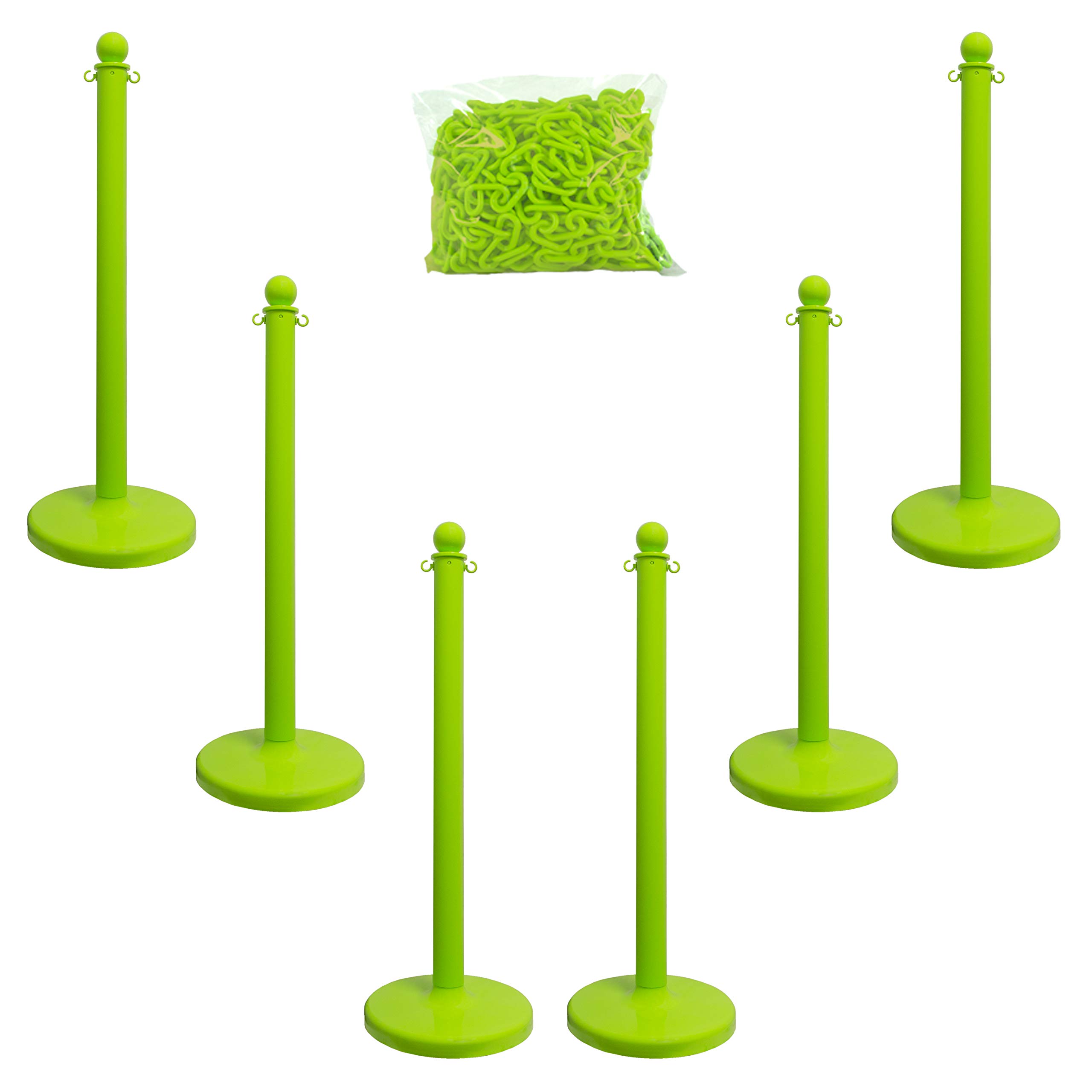 Mr. Chain Plastic Stanchion Kit with 50 Feet of 2-Inch Link Chain & C-Hooks - Safety Green (Pack of 6) - Perfect for Crowd Control, Event Barriers & Queue Management (71114-6)