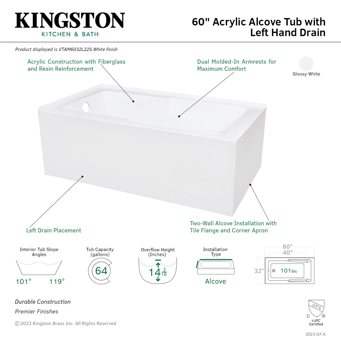 Aqua Eden 60 Inch Acrylic Rectangular Corner Bathtub - Glossy White 2-Wall Alcove Tub with Left Drain | Freestanding Soaking Tub for Small Bathrooms | Spa-Like Relaxation for Master Bath & Guest Suites