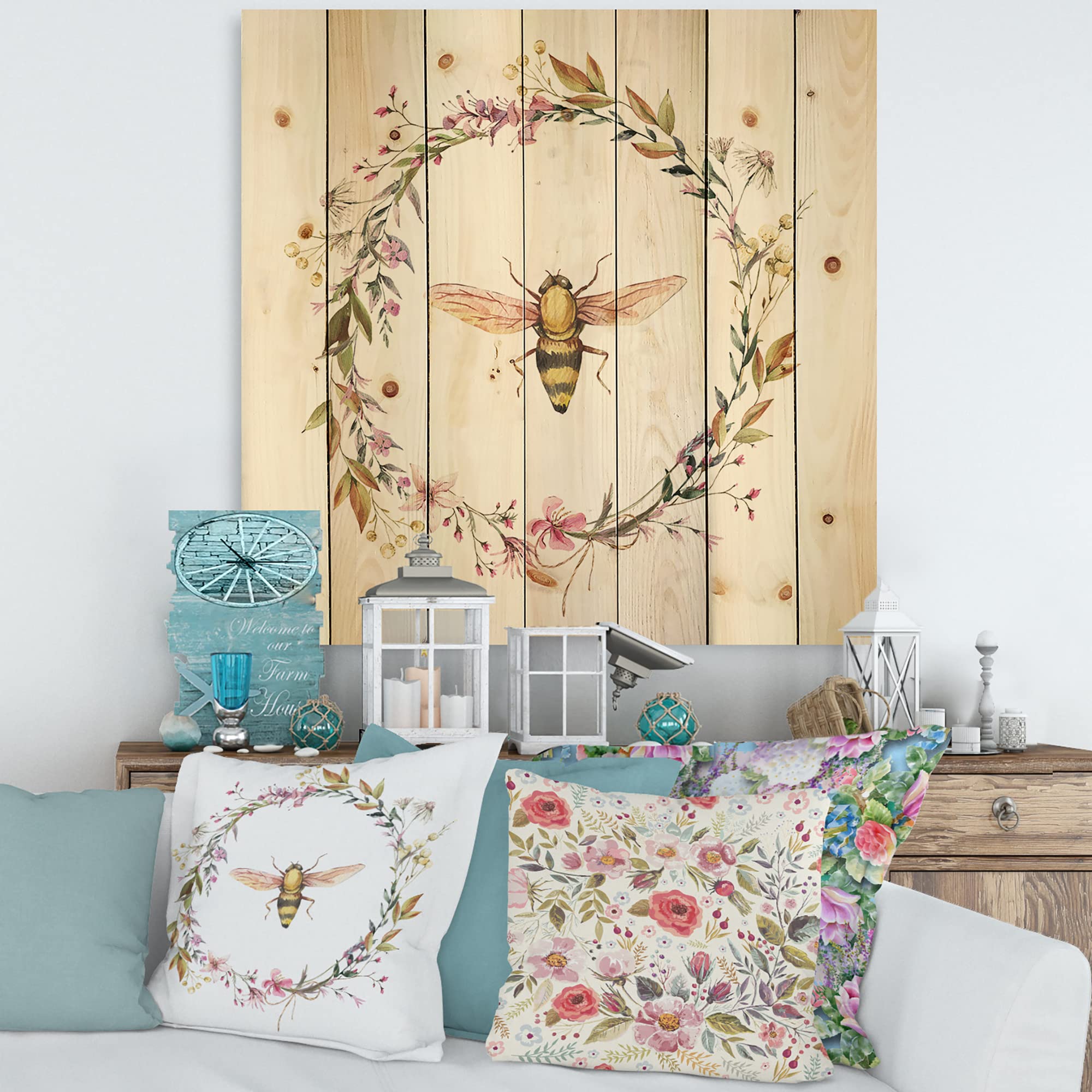DesignQ Bee In Wildflowers Wreath Farmhouse Wood Wall Decor - White Wood Wall Art with Large Floral Print on Natural Pine - Perfect for Living Room, Bedroom & Home Office Decor