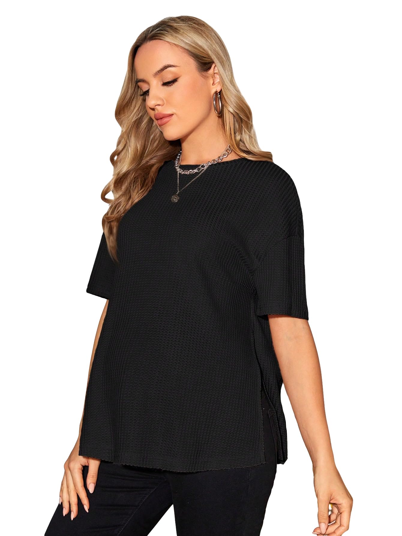 OYOANGLE Women's Maternity Shirts - Split Hem Waffle Knit Short Sleeve Pregnancy Tee Tunic Tops for Casual Wear | Perfect for Everyday Comfort & Nursing