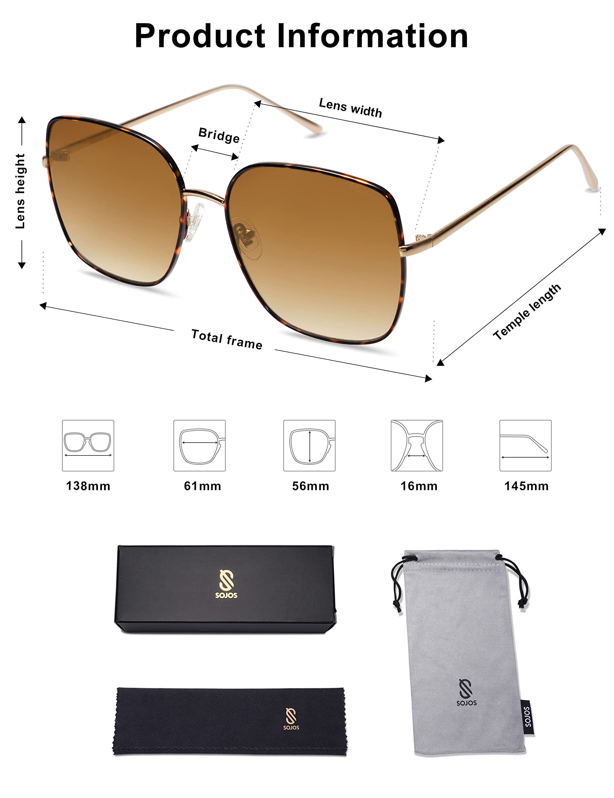 SOJOS SJ1146 Oversized Square Metal Frame Sunglasses for Women & Men - Retro Big Flat Lens UV400 Protection - Perfect for Driving, Beach, Outdoor Activities & Fashion Accessories