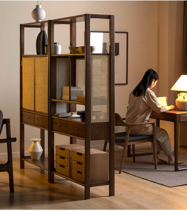 Solid Black Walnut & Ash Wood Bookshelf Display Cabinet - Modern Bookcase for Living Room, Office & Library Storage