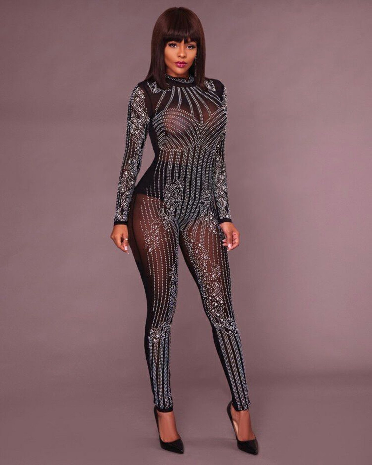 JEYKAY Women's Sexy Mesh See-Through Rhinestone Pantsuit - Geometric Tattoo Design Clubwear Jumpsuit for Party & Night Out (Black, Large) | Perfect for Cocktail Parties, Clubbing, and Festive Occasions