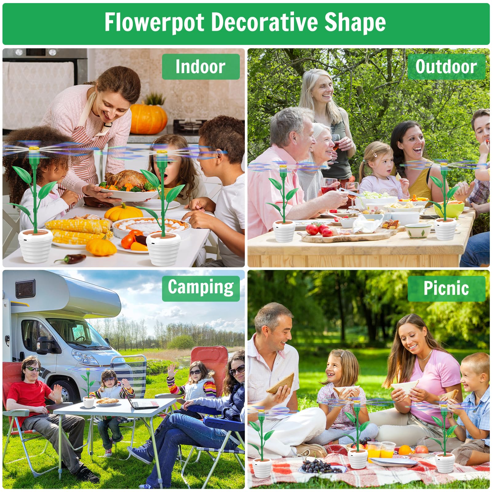 JUTIMER USB Battery Powered Fly Fan for Tables - 4 Pack Hanging/Tabletop Flowerpot Wave Design - Perfect for Camping, Picnics, Indoor & Outdoor Use