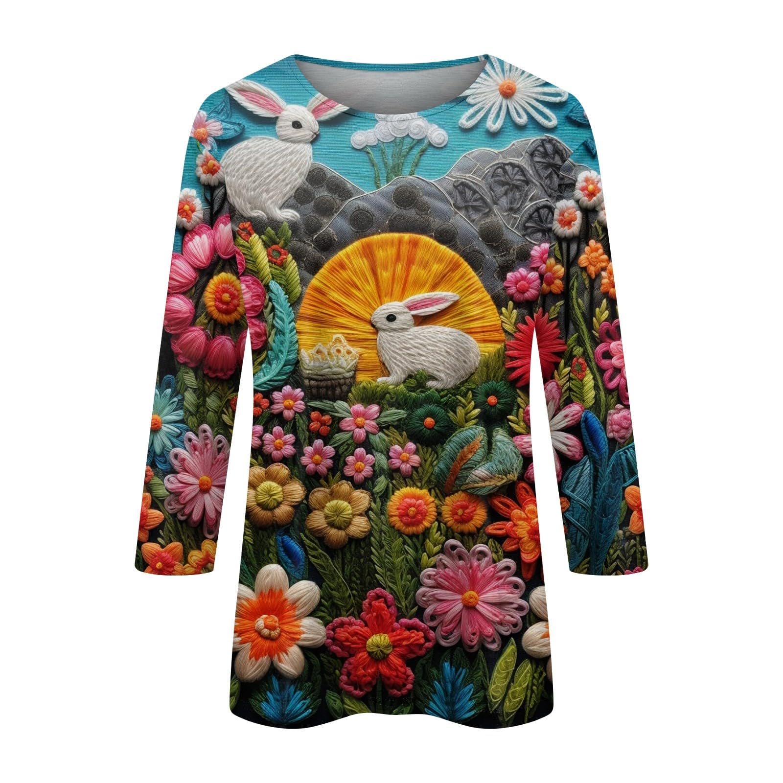 2024 Basysin Easter Bunny Print 3/4 Sleeve T-Shirt for Women - Plus Size Crewneck Loose Blouse - Cute Spring Outfit for Easter Celebrations, Church Events & Family Gatherings