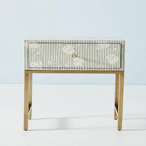 Handmade Bone Inlay Nightstand with Lamp - Vintage Boho Bedside Table for Bedroom Decor - Perfect for Master Bedrooms, Guest Rooms & Cozy Reading Nooks